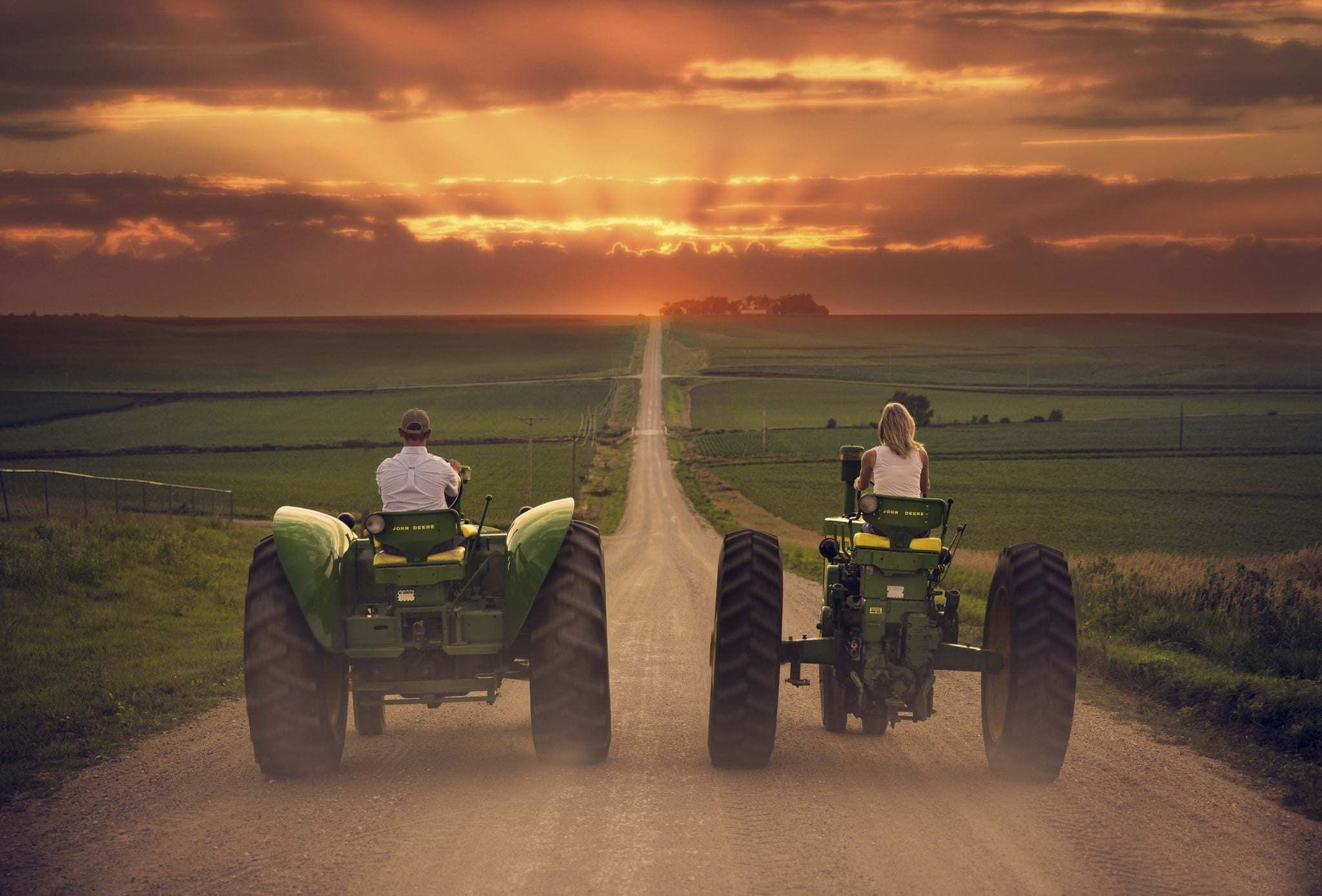 2048x1388 Two green John Deere tractors, landscape, field, tractors, vehicle HD wallpaper