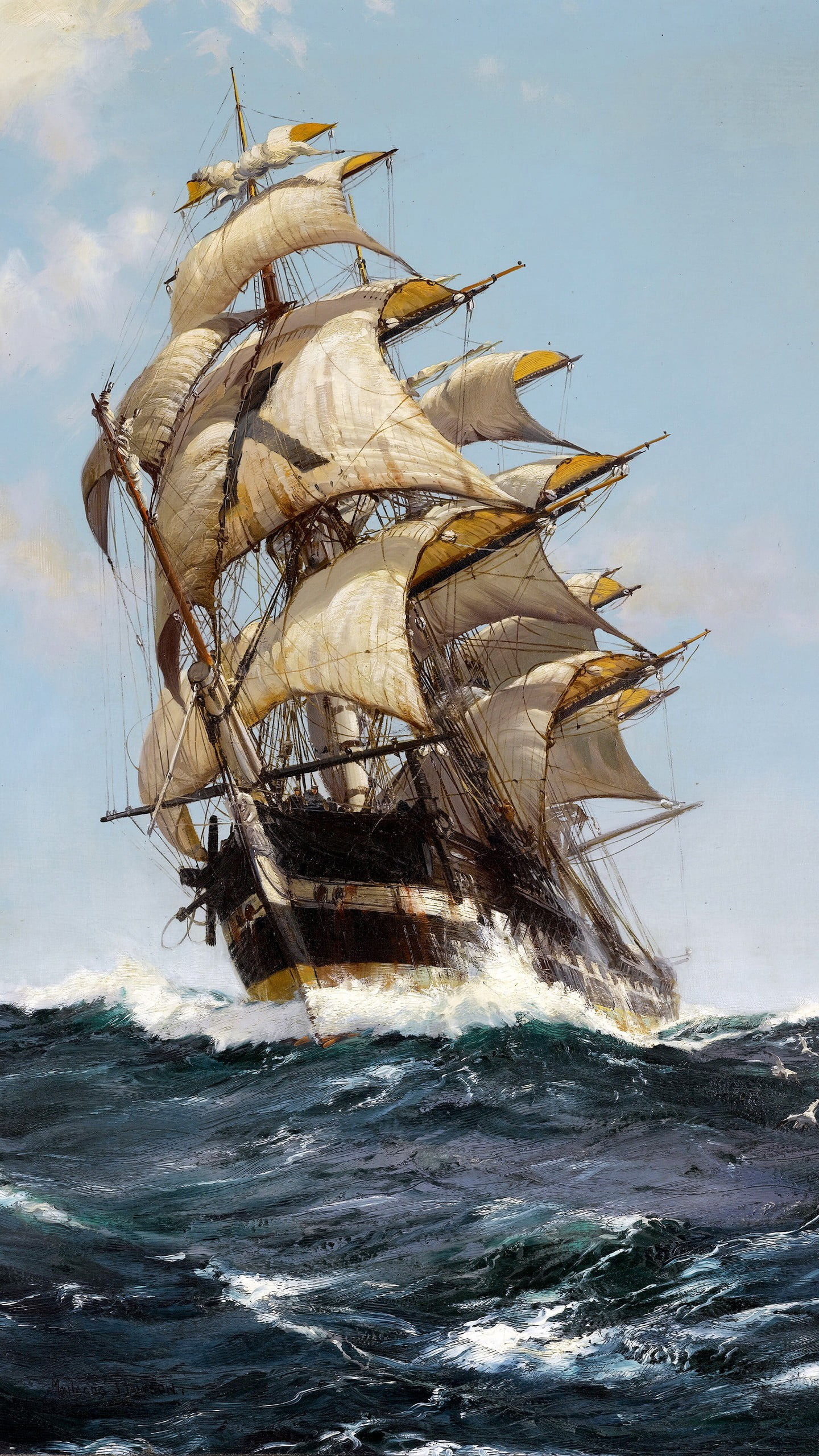 1440x2560 Brown and beige sail boat illustration, artwork, classic art, painting, sailing ship HD wallpaper