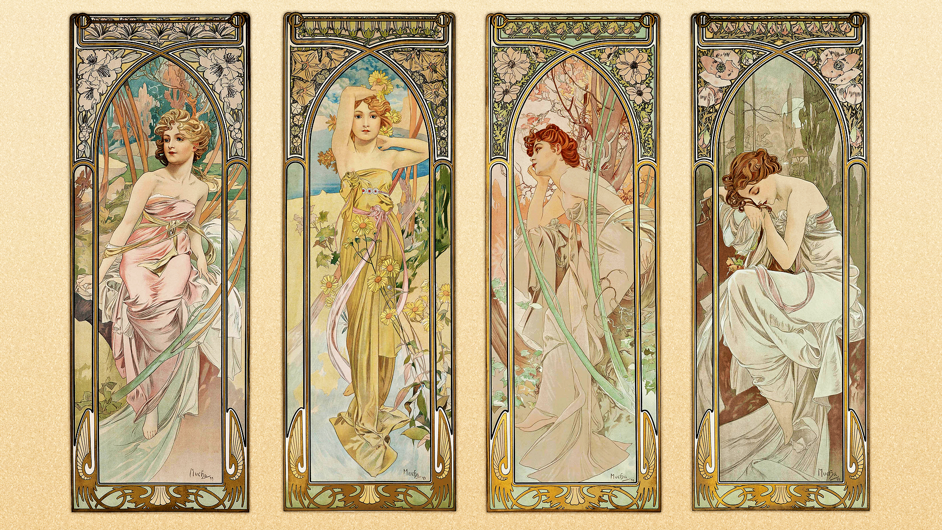 1920x1080 women, Alphonse Mucha, illustration, artwork, drawing, spring, summer, fall, winter | Wallpaper