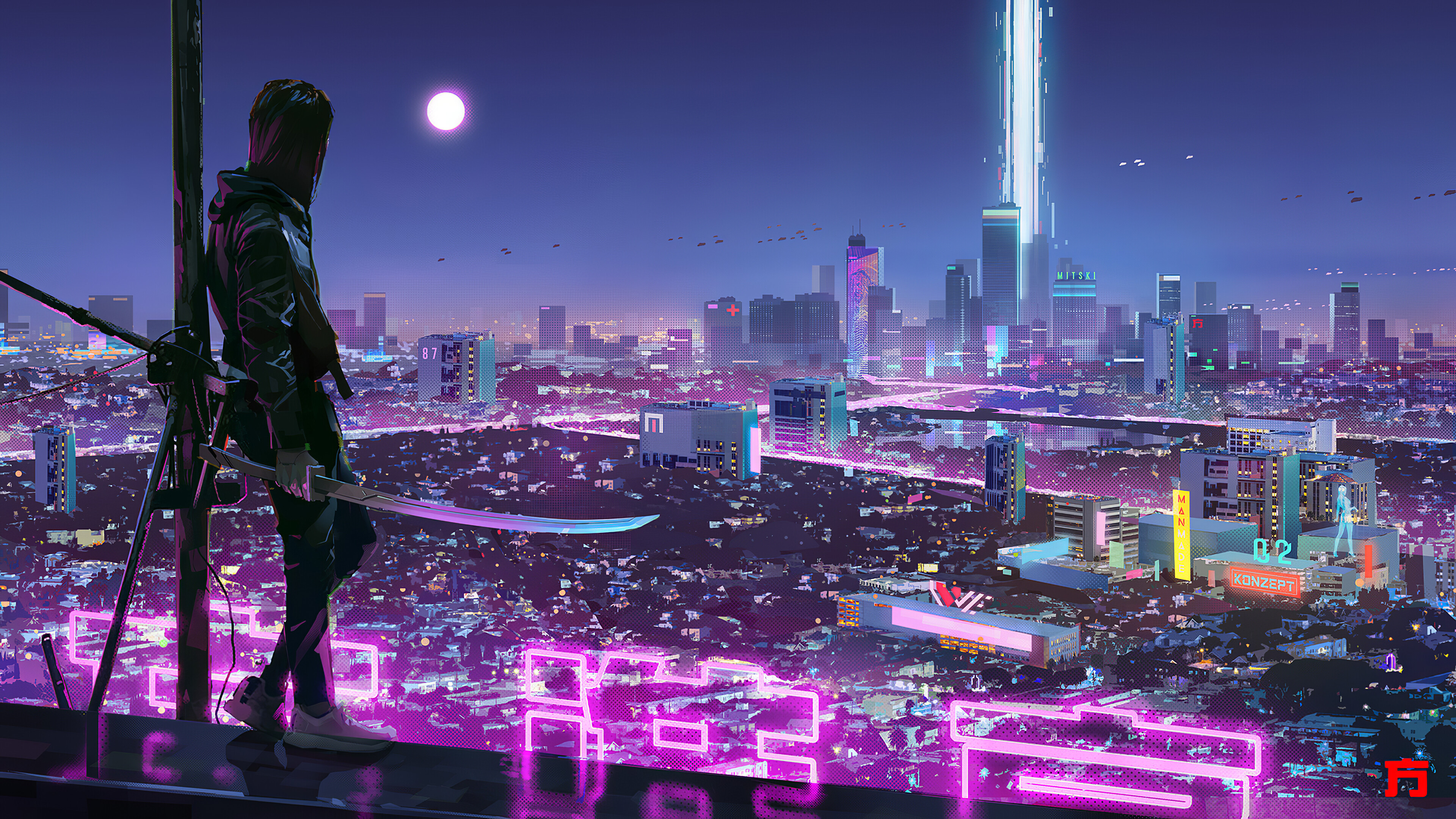 3840x2160 Ninja Katana Sci-Fi City Neon Lights Wallpaper 4k Ultra HD ID:5026