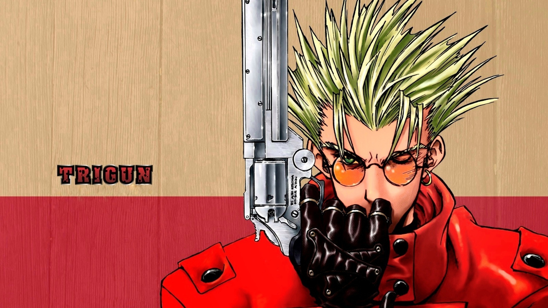 1920x1080 Download wallpaper Red, Art, Anime, Wood, Colt, Weapon, Trigun, Man, Glasses, Pose, Gloves, Letters, Leather, Character, Vash the Stampede, Madhouse, section shonen in resoluti