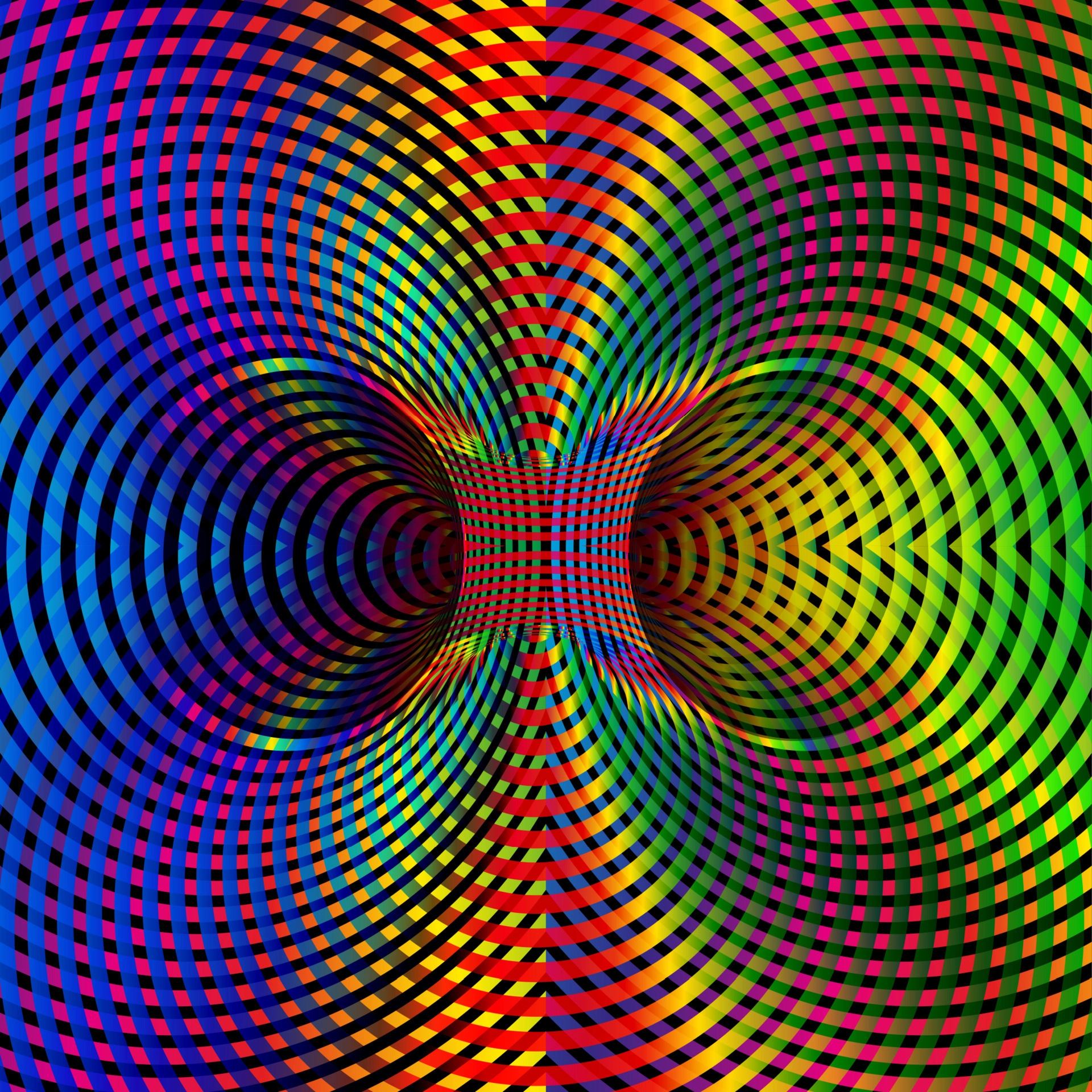 1920x1920 Wormhole Optical Illusion iridescent, Double Worm Hole colorful spectrum gradient, Abstract Hypnotic psychedelic tunnel space. Multicolors Twisted Vector Illusion 3D Optical Art background 4329617 Vector Art