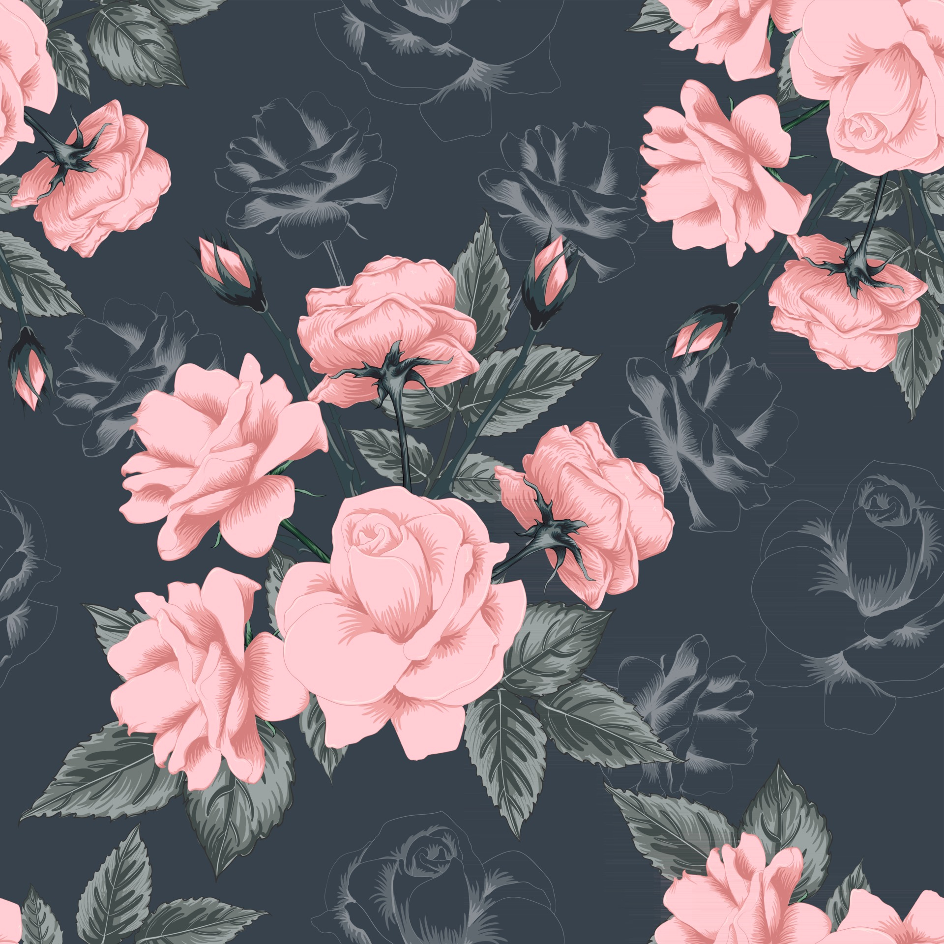1920x1920 Seamless pattern beautiful pink Rose flowers vintage abstract background. Vector illustration hand drawing line art. 2910764 Vector Art