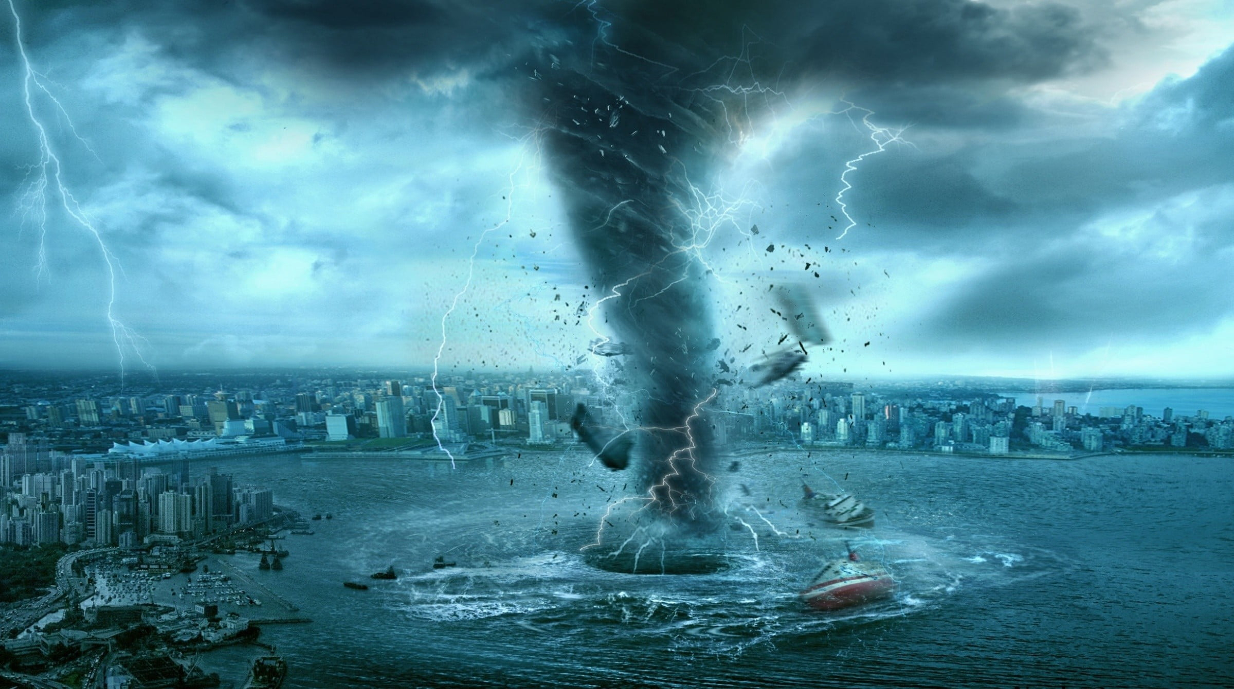 2400x1340 Hurricane in the body of water digital wallpaper, tornado, digital art, cityscape, sea HD wallpaper
