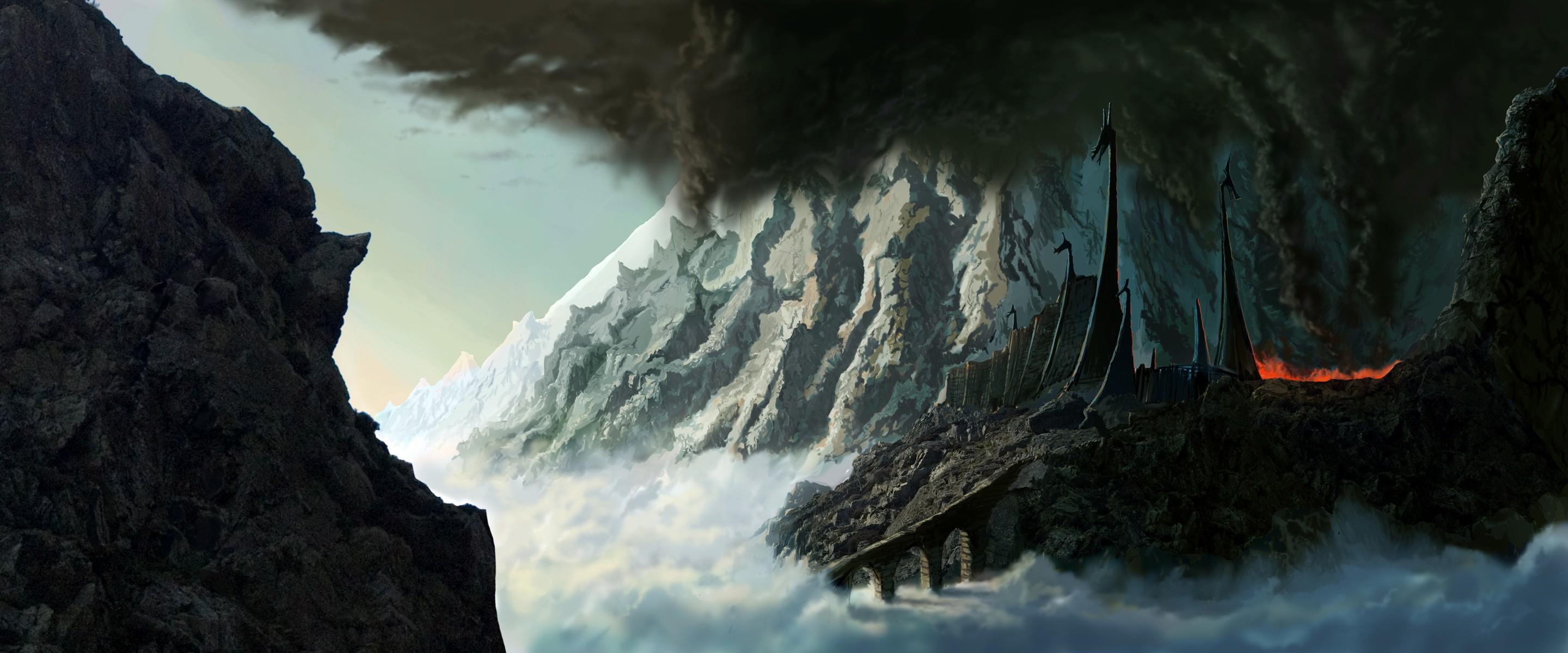 2880x1200 Mountains fortress fantasy art Silmarillion JRR Tolkien wallpaper | | 63660
