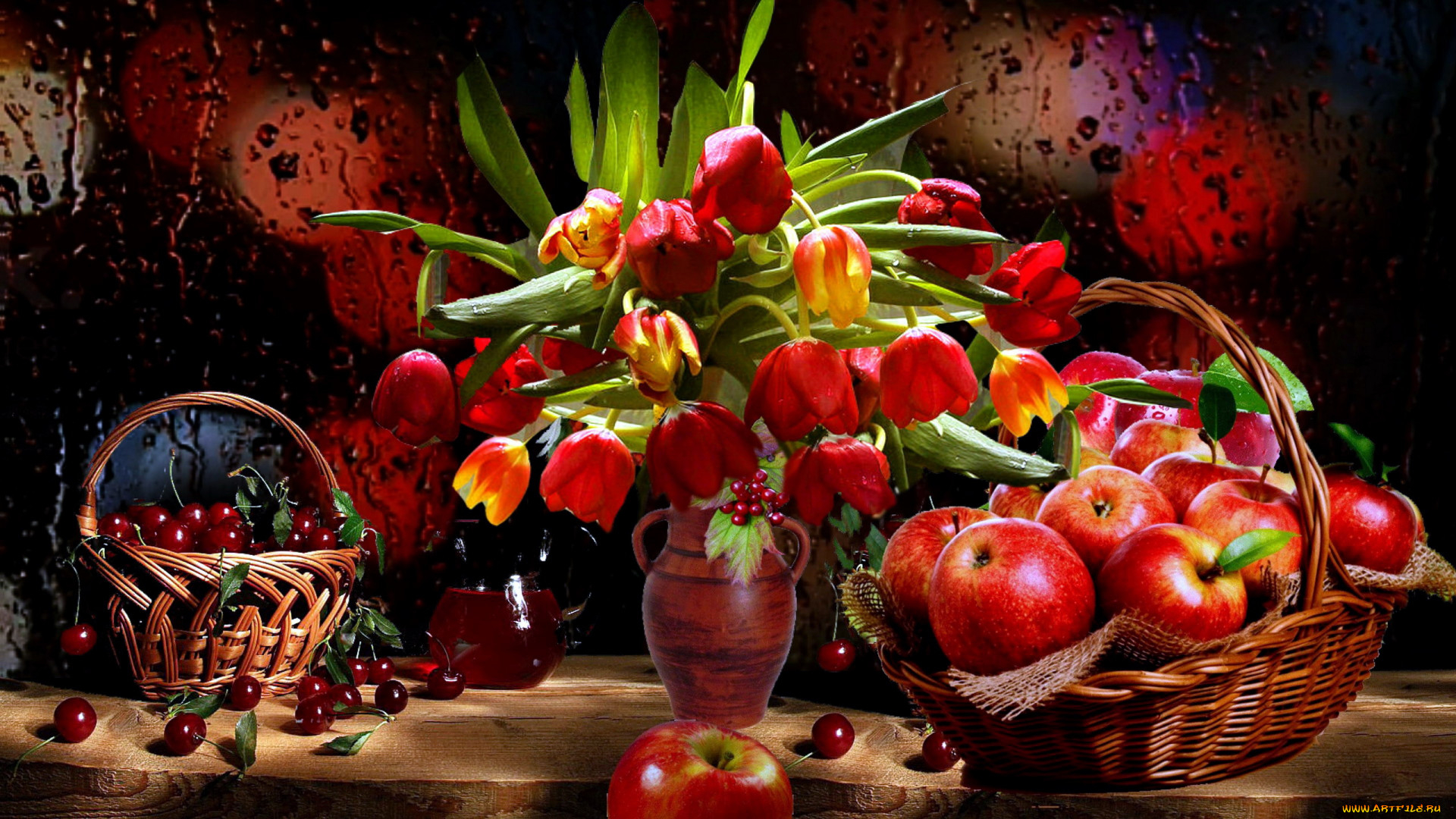 1920x1080 Wallpaper : still life, food, fruit, flowers, plants, apples, berries, cherries, tulips WallpaperManiac 1956381 HD Wallpapers