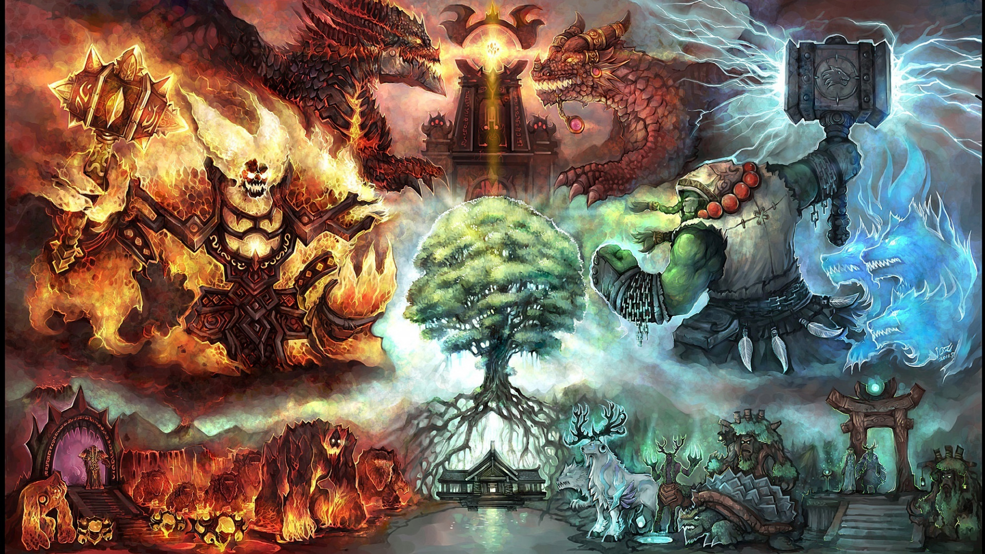 1920x1080 Download wallpaper the opposition, destruction, Orc, wow, cataclysm, Deathwing, Thrall, Thrall, deathwing and alexstraza, of Nordrassil, Thrall and ragnaros, the world tree, world of wacraft, the shaman of the world, Alexstrasza, secti