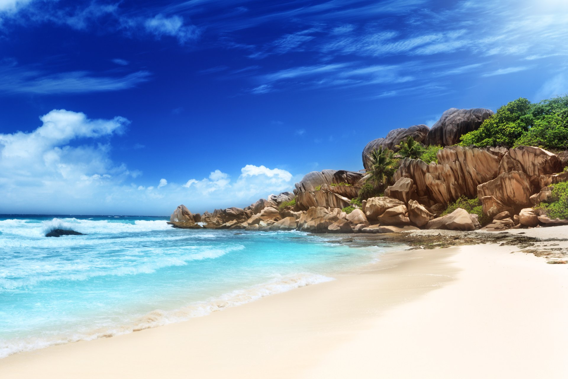 1920x1280 Beach La Digue Island Ocean Rock Sand Seashore Seychelles HD KDE Store