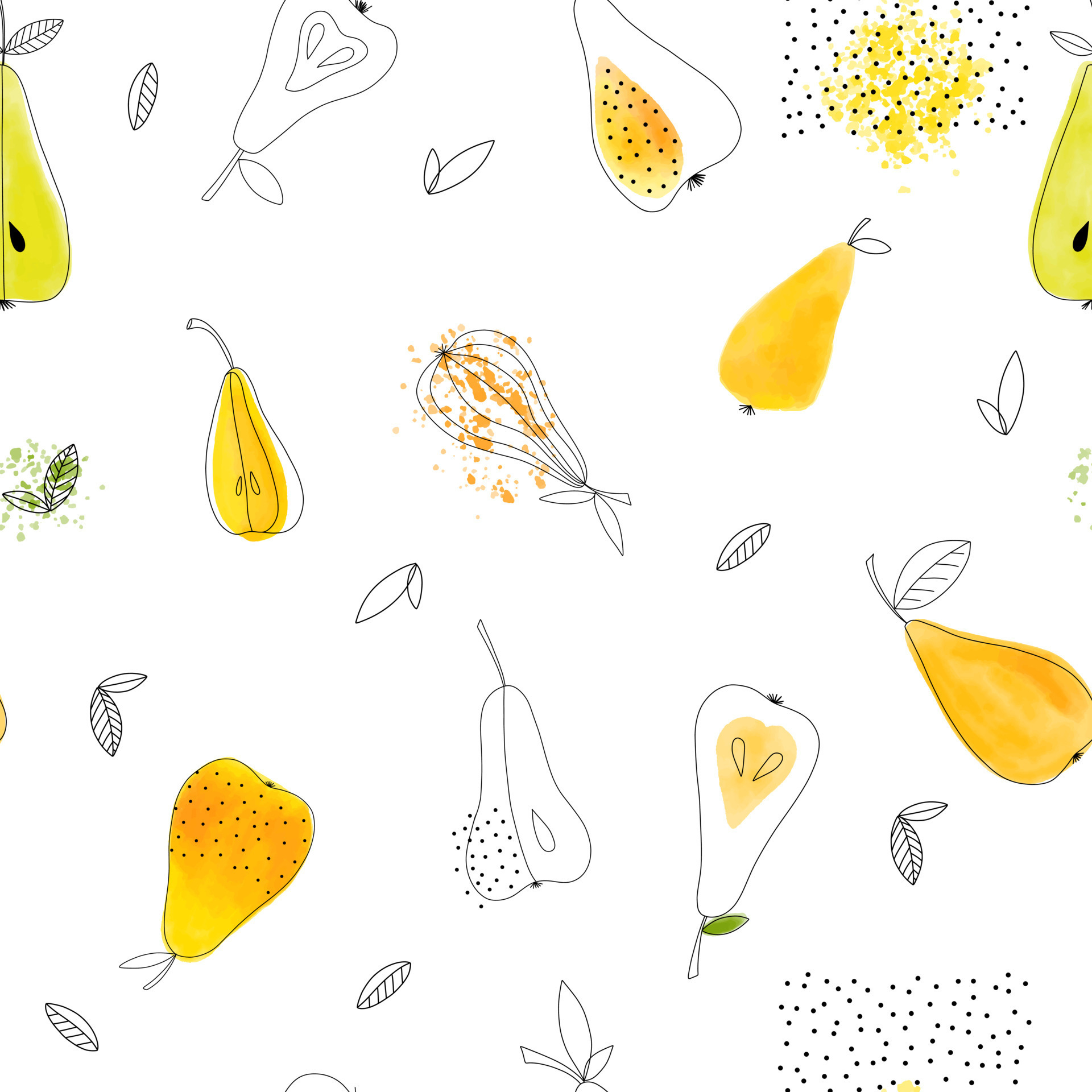 1920x1920 Watercolor pear seamless pattern on white background. Cute doodle summer fruit wallpaper. Modern texture vector design for fabric, apparel, covers, wrapping paper, scrapbooking, textile. 7820595 Vector Art