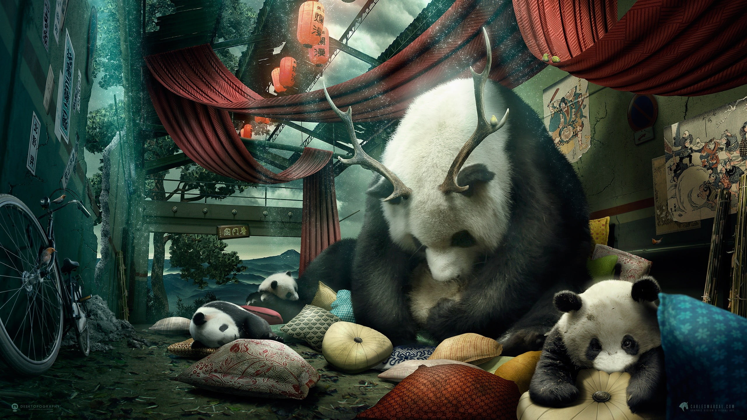2560x1440 Panda bear 3D illustration, Desktopography, animals, panda, digital art HD wallpaper
