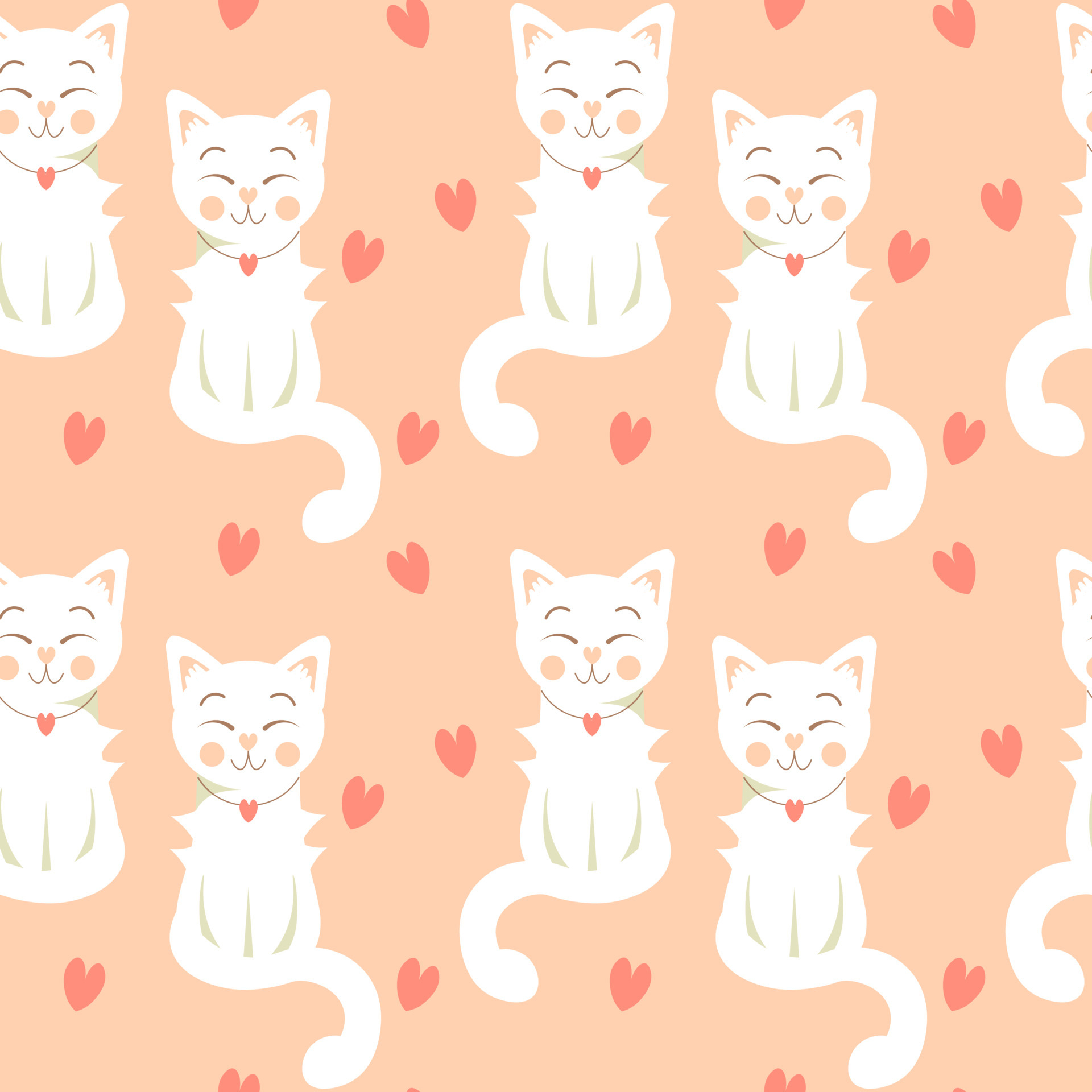 1920x1920 seamless pattern, cute white kitties girls with a necklace hearts. Print for Valentine's Day, wedding. Textile, wallpaper, cover, paper 5217022 Vector Art