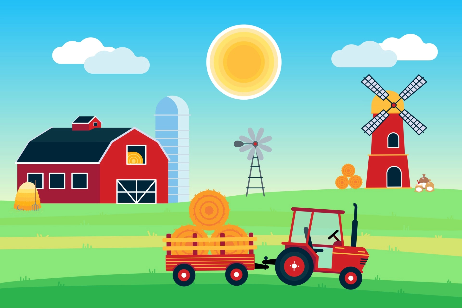 1920x1280 Village harvesting landscape poster, banner or wallpaper. The tractor with semi-trailer and hay bale, red barn with silo, windmill and mill with flour producing flat style design vector illustration. 2808367 Vector Art at Vecteezy