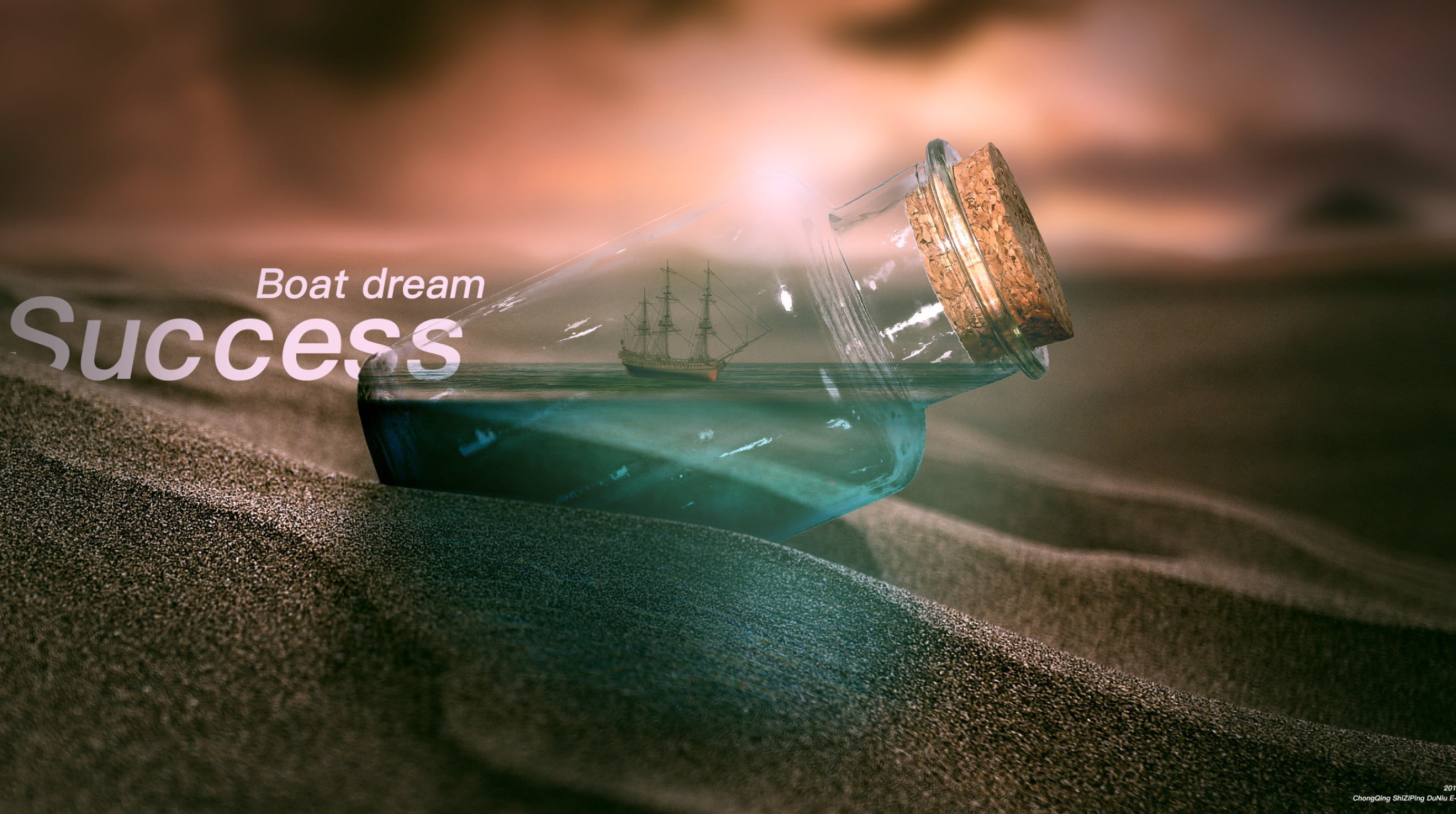 2762x1544 Clear bottle with boat dream text overlay, Pneuma Breath of Life, dusk, hope, ship in a bottle HD wallpaper