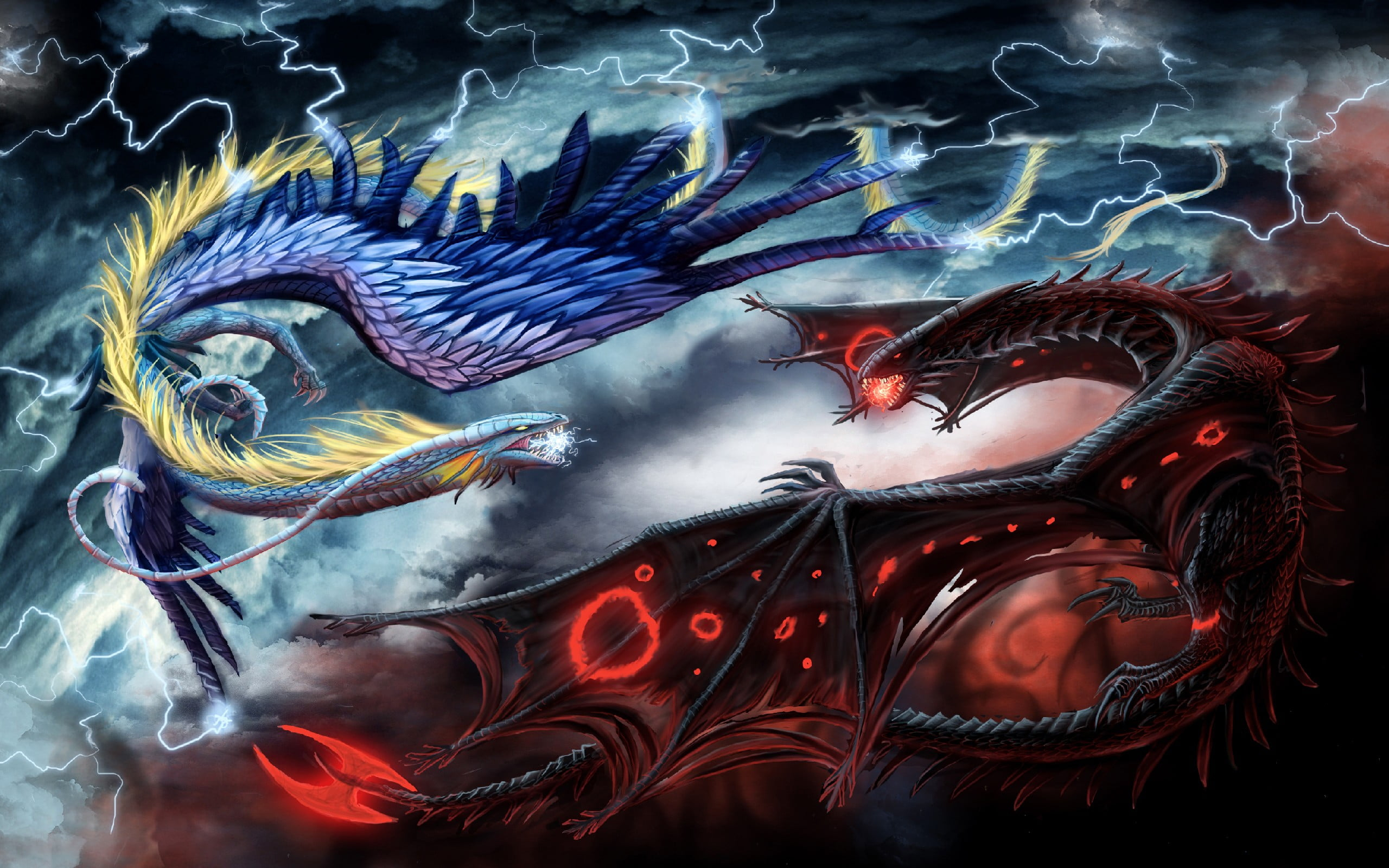 2560x1600 Blue and red Dragon fighting poster HD wallpaper