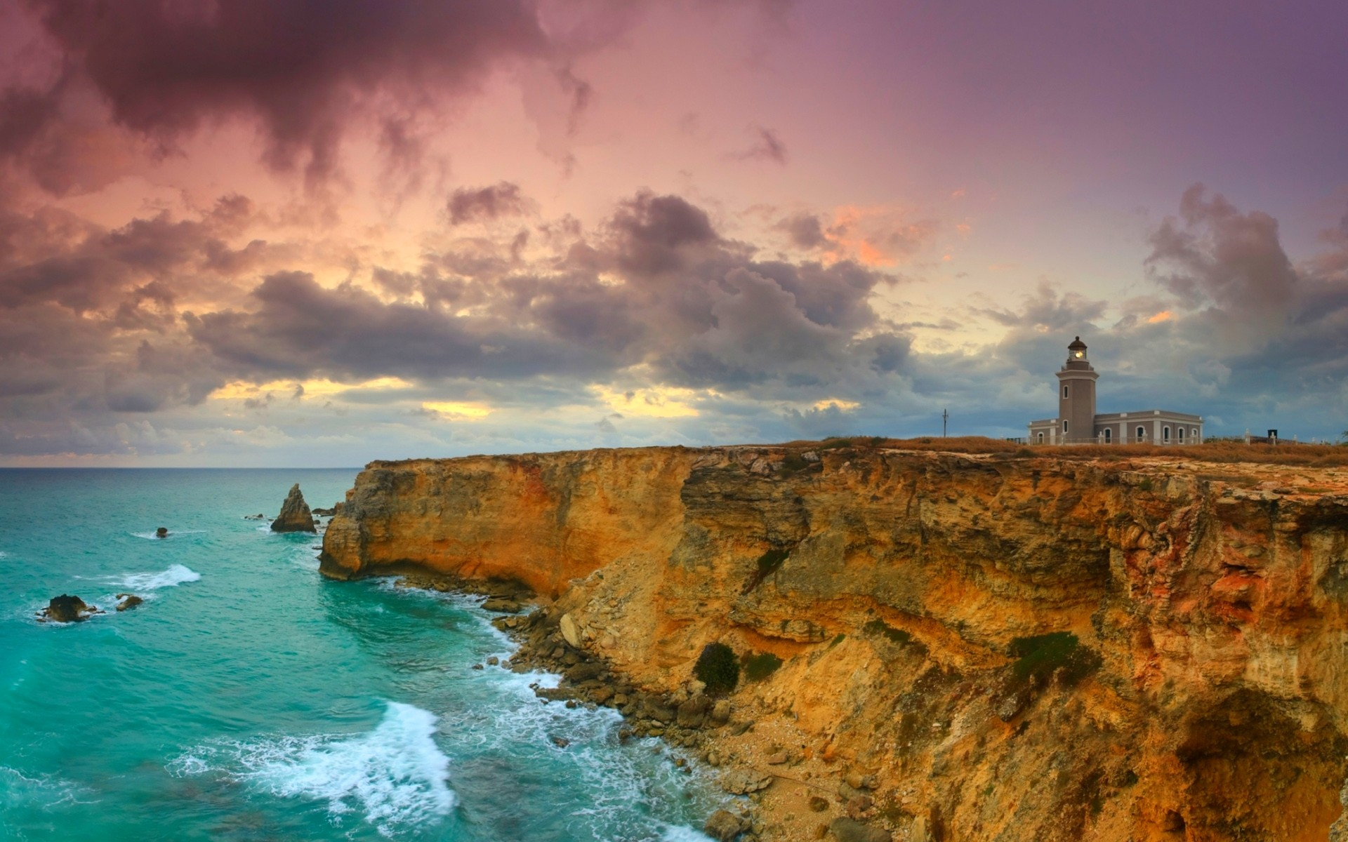 1920x1200 Lighthouse Cliff Sea Rock Clouds Sunset Puerto Rico Island Caribbean Nature Landscape Wallpaper Resolution: ID:605922
