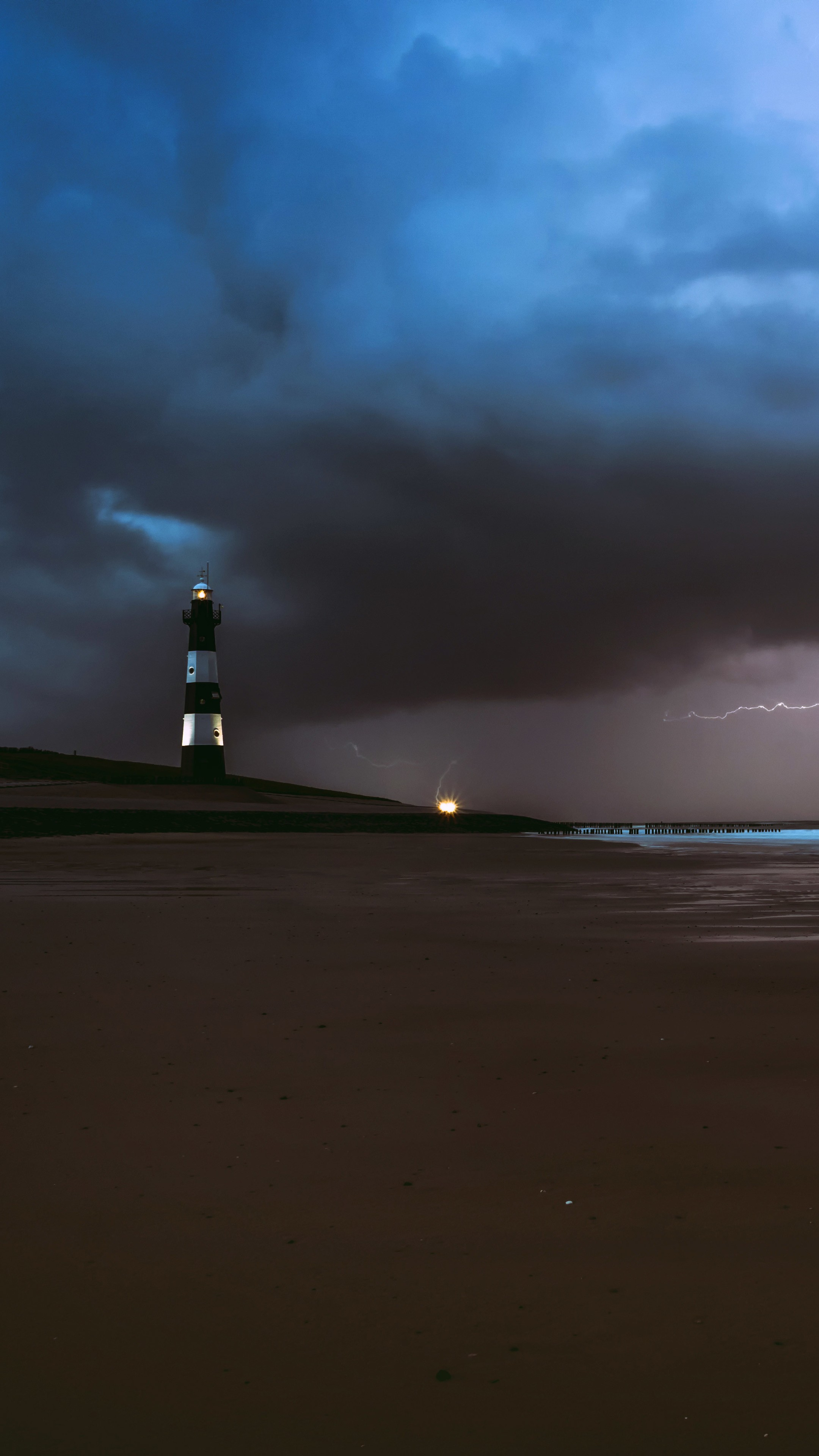 2160x3840 Lighthouse Lightning Sea Ocean Beach Weather Ef Wallpaper [