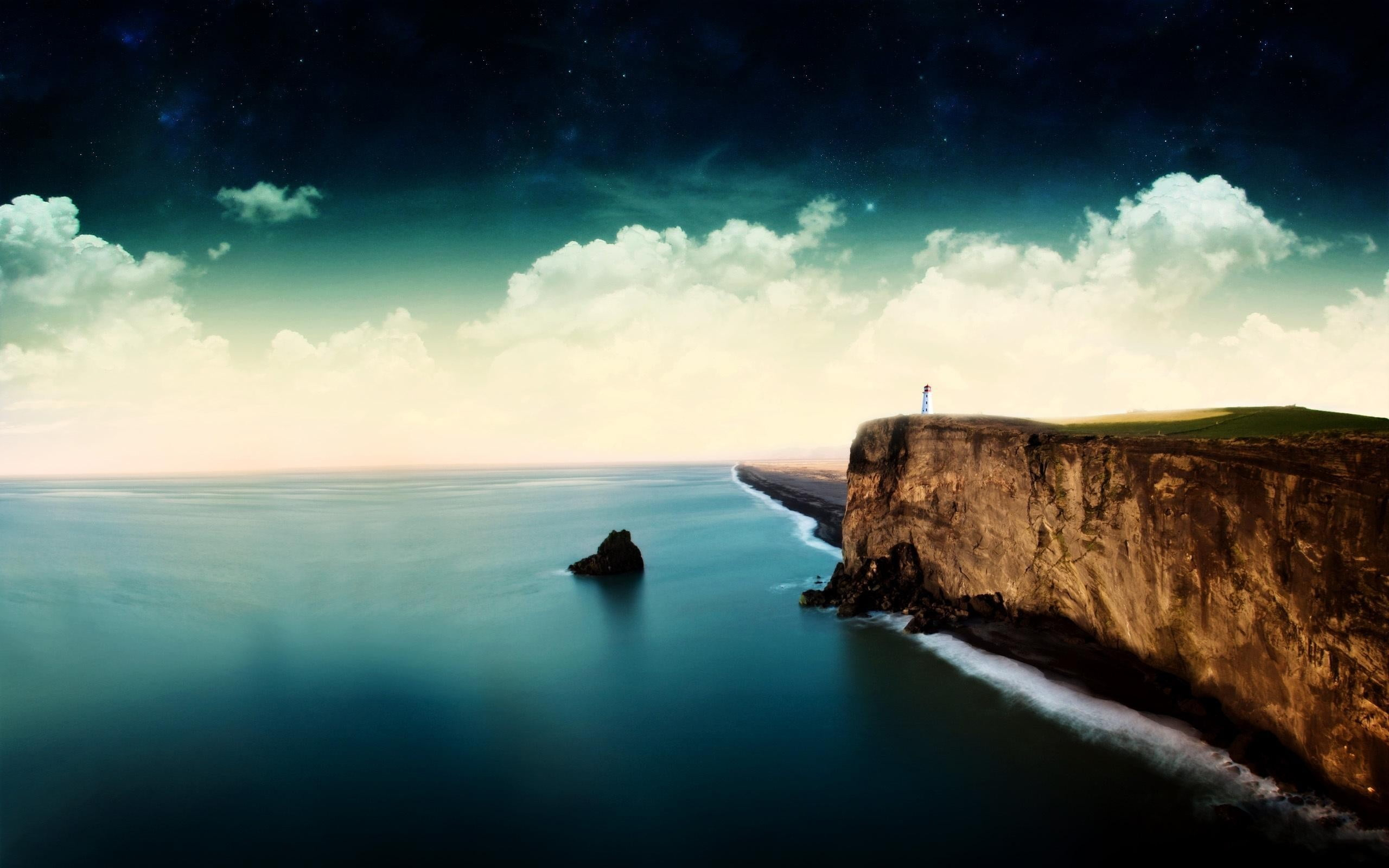 2560x1600 Body of water and brown rock formation, lighthouse, sea, cliff, clouds HD wallpaper
