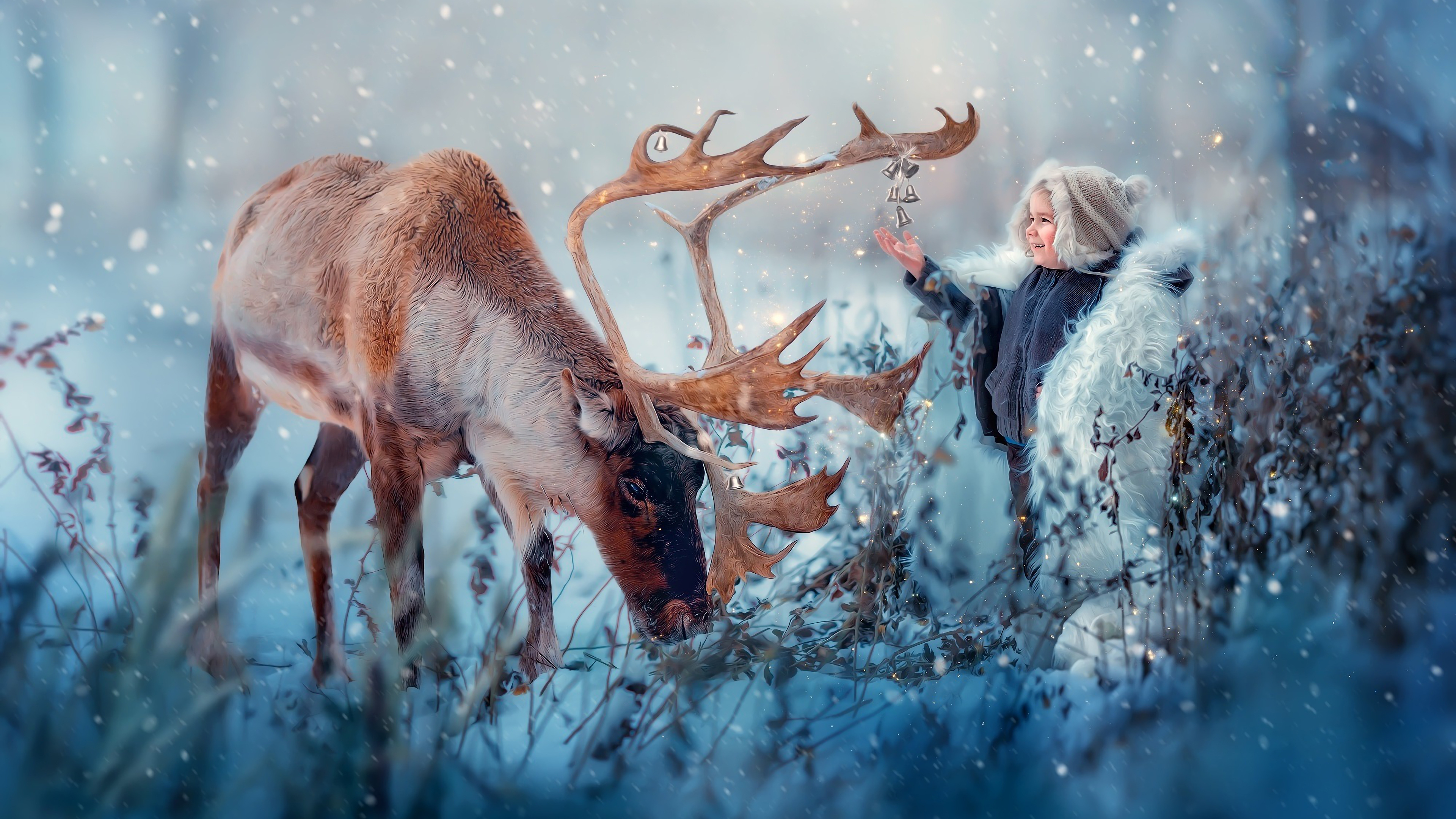 3840x2160 Reindeer with a child in snow Wallpaper 4k Ultra HD ID:4674