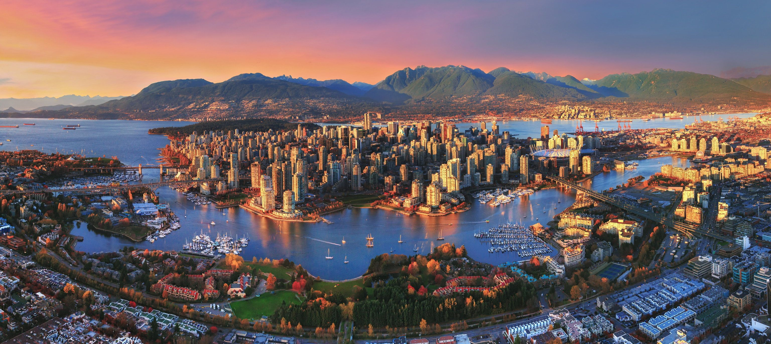 3072x1371 aerial photography of city #Vancouver #sunset #city #landscape #lake #Canada #cityscape #panorama #2K #w&acirc;&#128;&brvbar; | Panorama photography, Skyline picture, Vancouver skyline