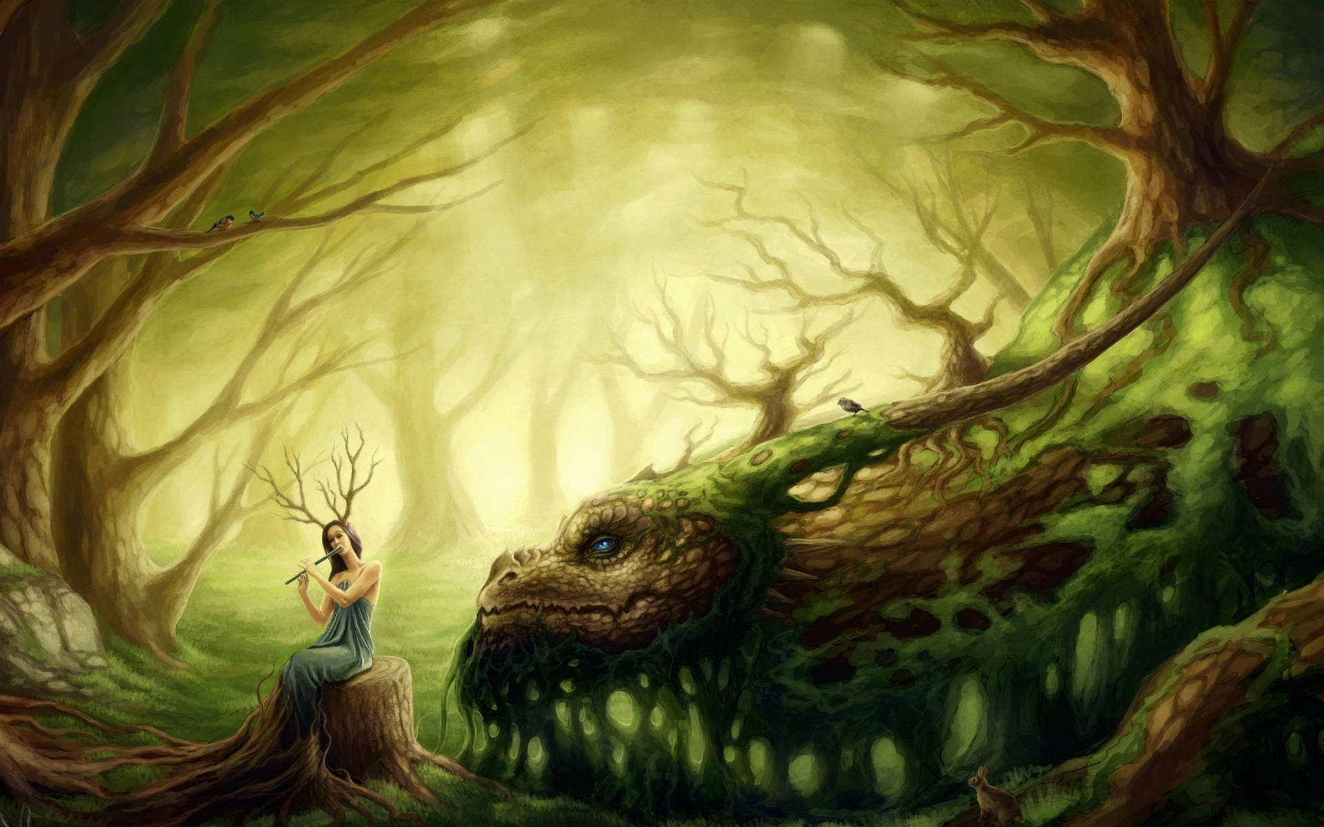 1920x1200 Download Tree Woman And Dragon Mythical Creatures Wallpaper