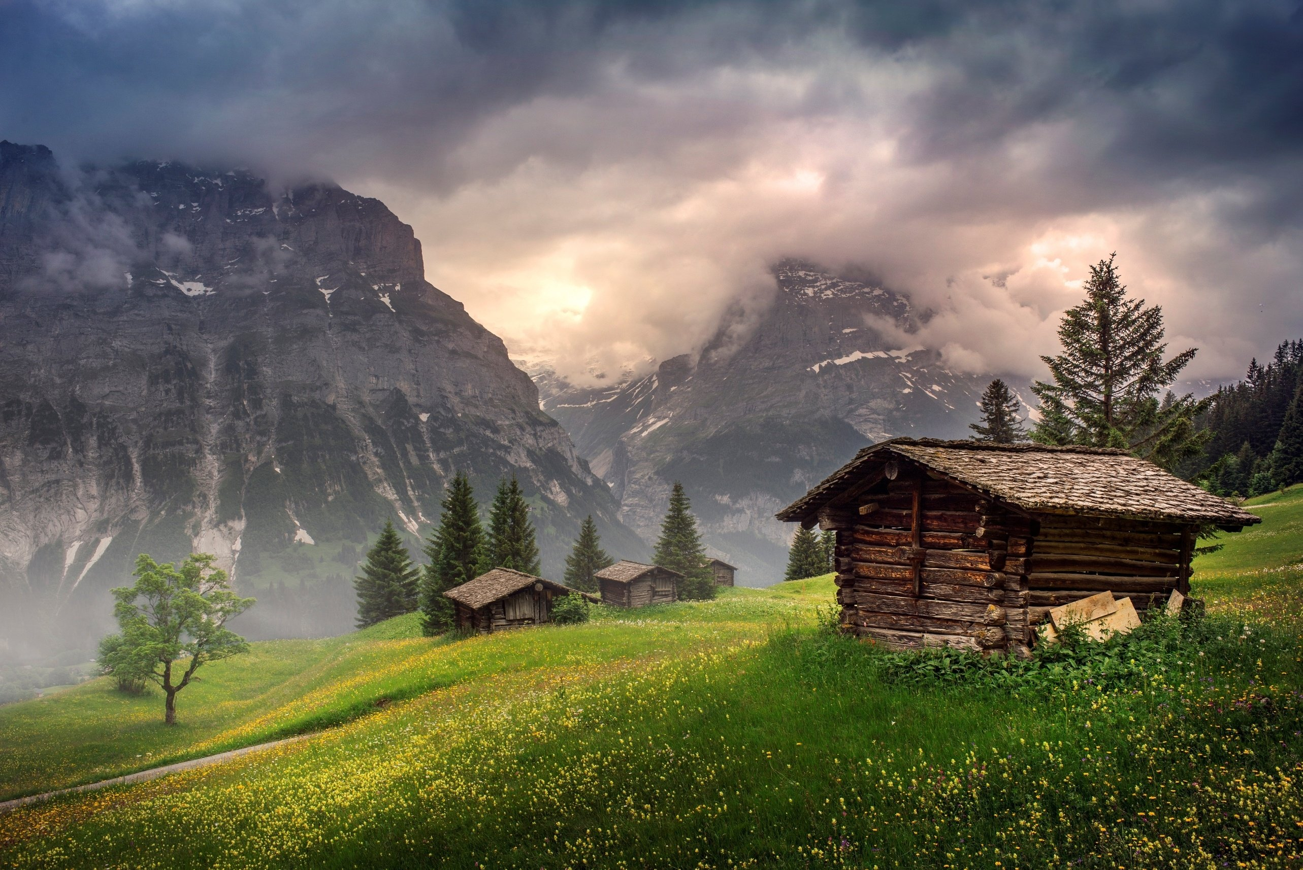 2566x1715 switzerland, Mountains, Clouds, Houses Wallpapers HD / Desktop and Mobile Backgrounds