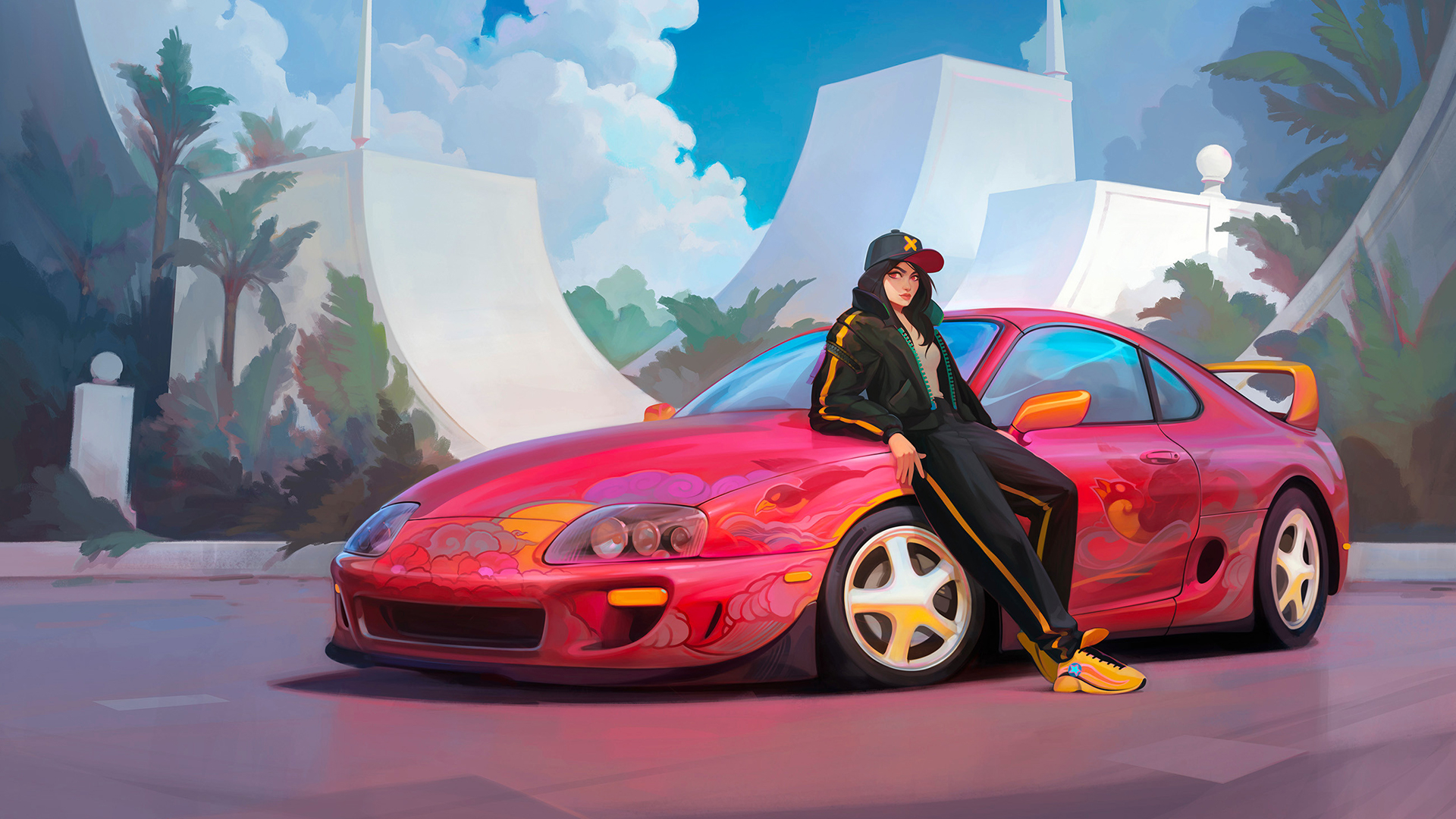 1920x1080 Wallpaper : clouds, car, Toyota Supra MK4, brunette, long hair, red eyes, trees, digital art, women with cars, vehicle, looking at viewer, leaning, hat, Women with Hats, women outdoors, red cars, dark