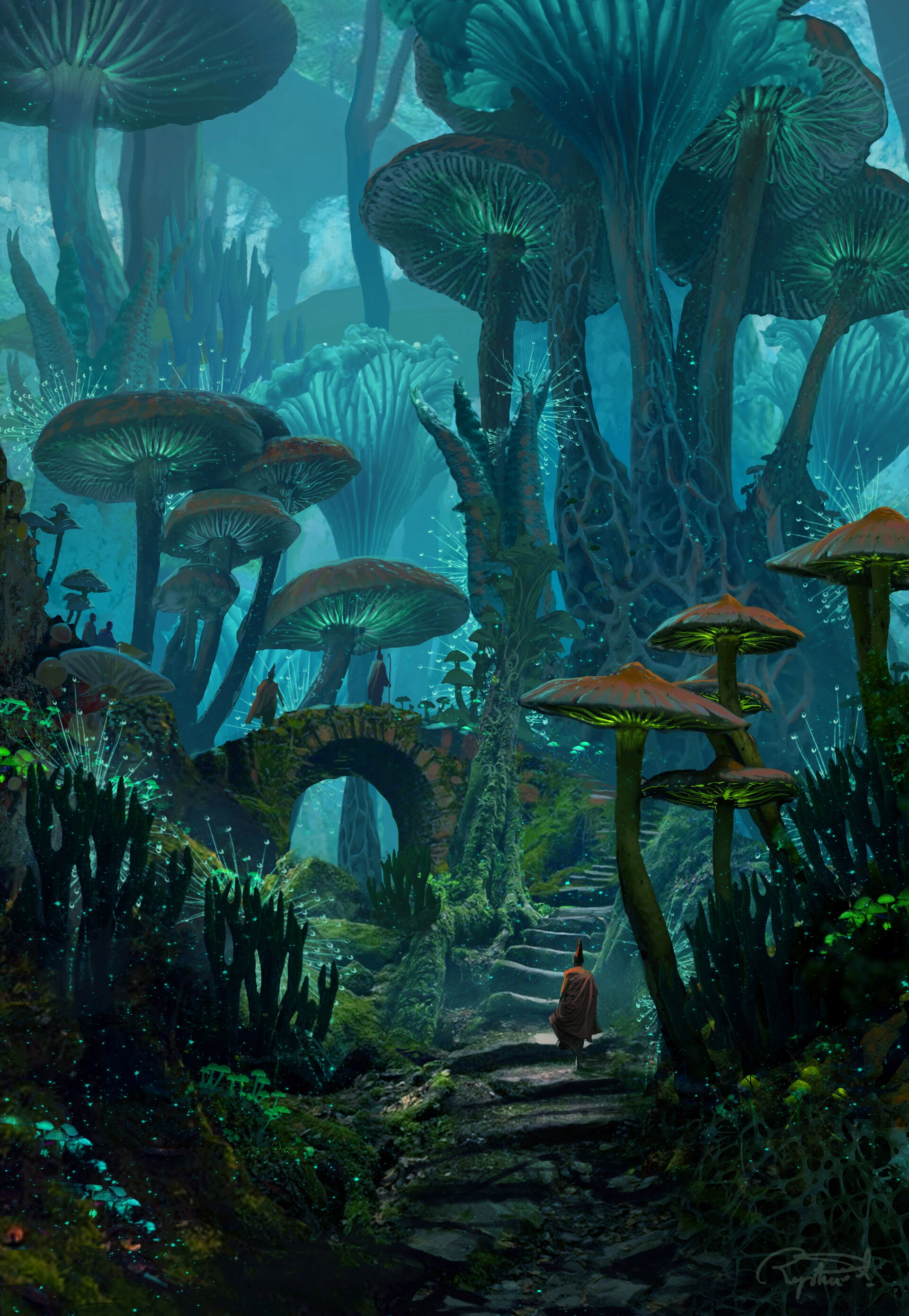 1920x2779 Download 1080x2310 Fantasy Landscape, Forest, Giant Mushrooms, People Wallpapers for Honor View 20