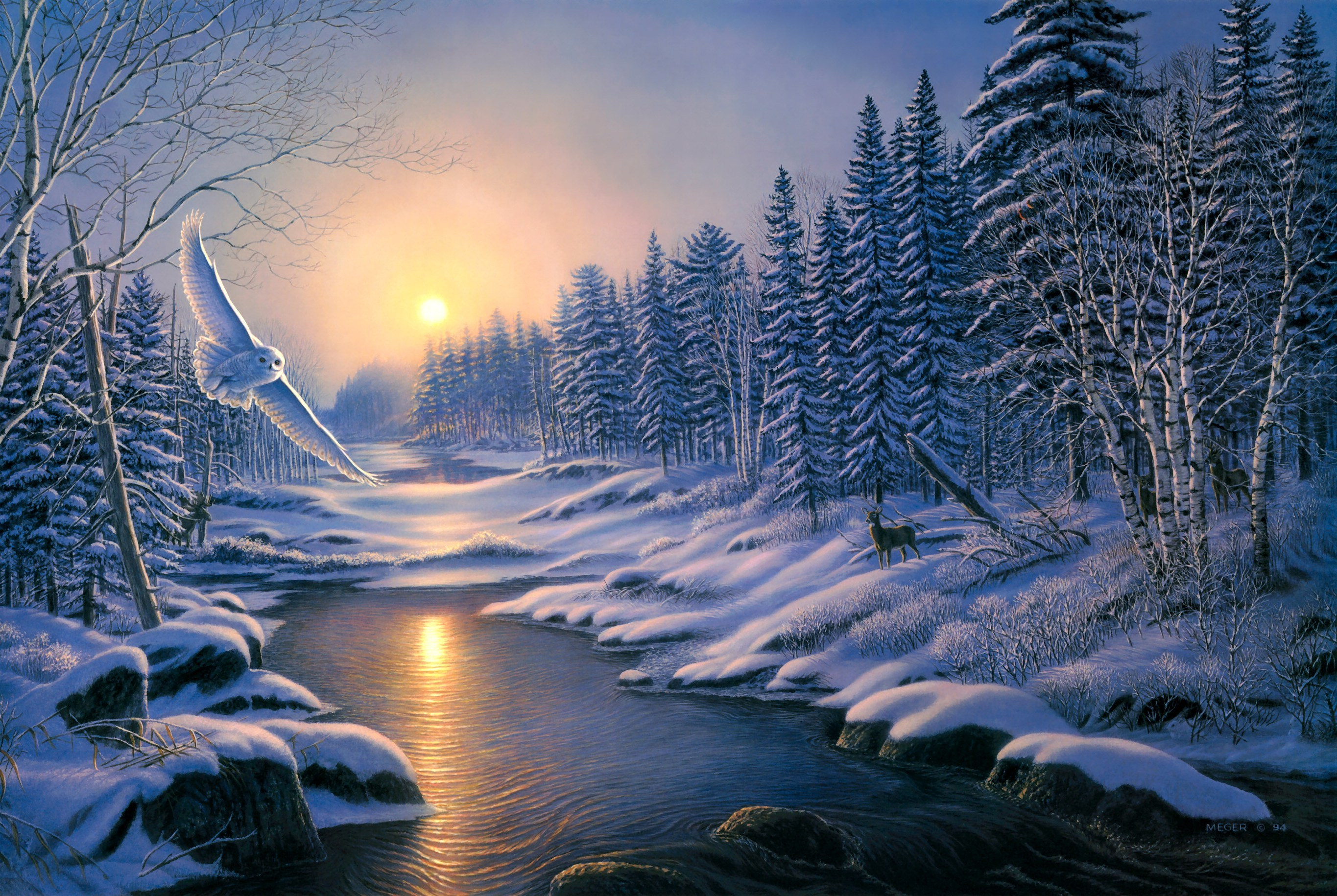 2730x1830 painting, Solstice, Sunset, Winter, Snow, Nature, Forest, Spruce, Birch, River, Owl, Deer Wallpapers HD / Desktop and Mobile Backgrounds