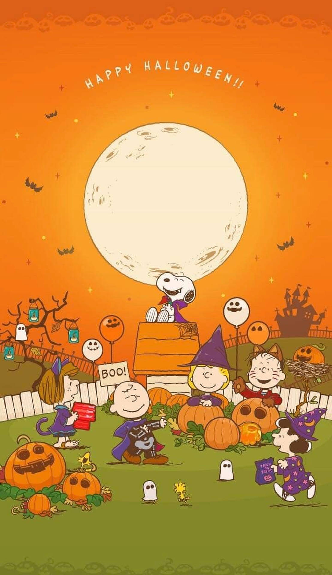 1108x1920 Download Charlie Brown And Friends Pumpkin Halloween Art Wallpaper |