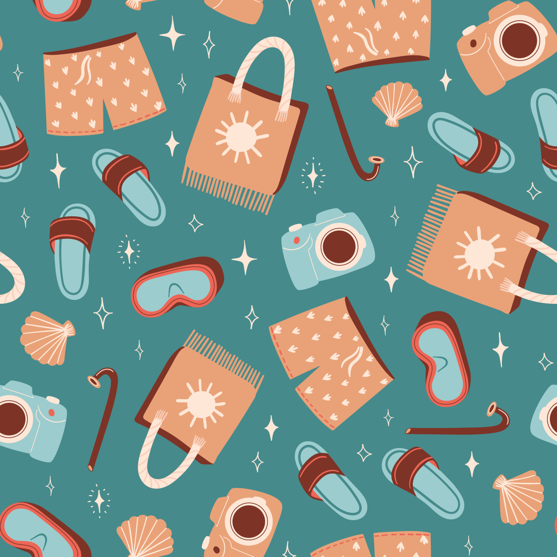 1920x1920 Seamless summer pattern with slippers or flip flops, swimming shorts and beach bag. Vector illustration for fabric, wrapping paper, wallpaper, textile, background 6642167 Vector Art