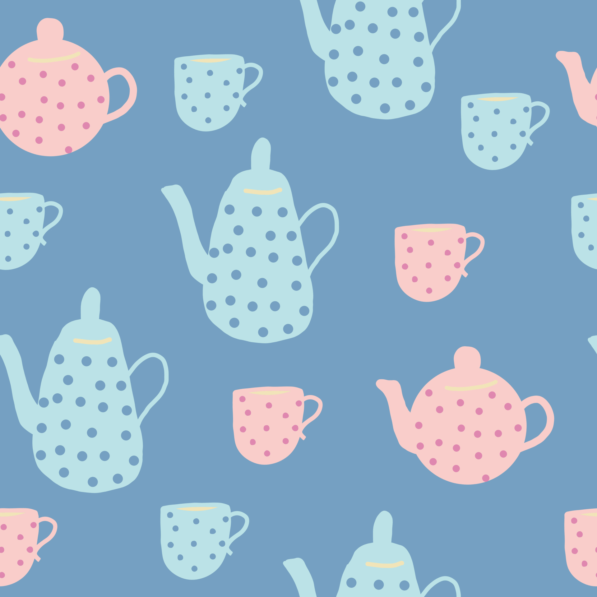 1920x1920 teapot and cups seamless pattern. hand drawn doodle. , cartoon, minimalism. trendy colors 2022. wallpaper, wrapping, textiles, banner kitchen tea coffee drinks tablecloth cafe 5105067 Vector Art