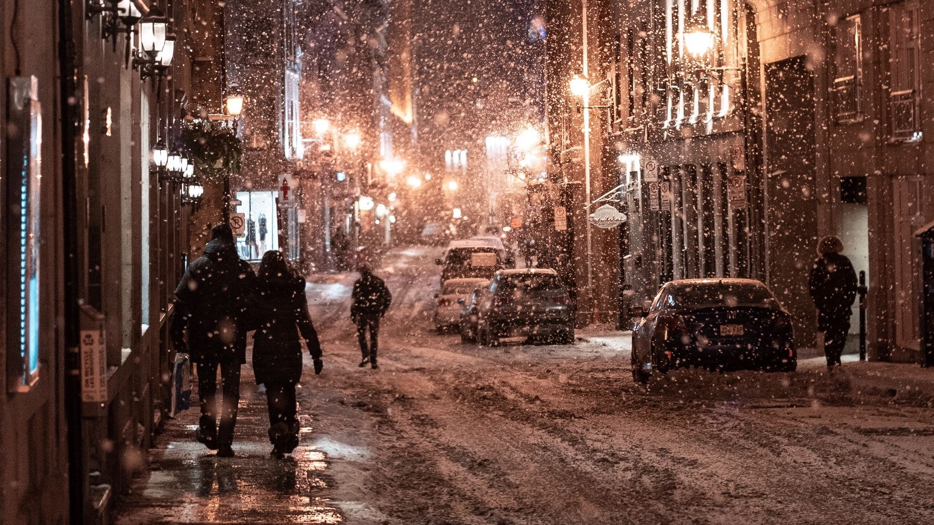 1920x1080 snowfall people street night evening city winter wallpaper [] Need trendy #iPhone7 #iphone7Plus case? Check out