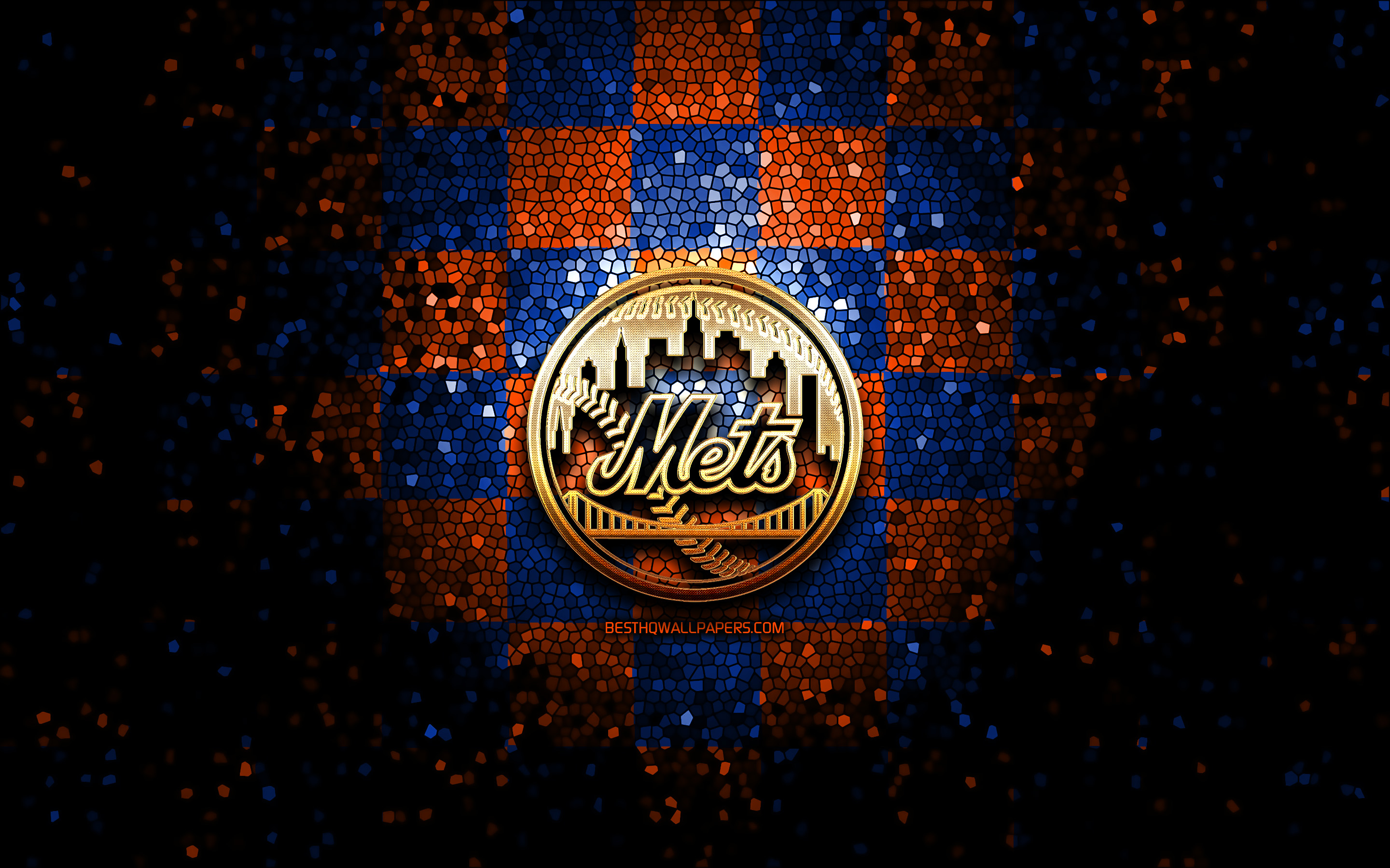 2880x1800 Descargar fondos de pantalla Los Mets de nueva York, el brillo del logotipo, MLB, azul, naranja fondo de cuadros, estados UNIDOS, american equipo de b&Atilde;&copy;isbol de los New York Mets logotipo, mosaic