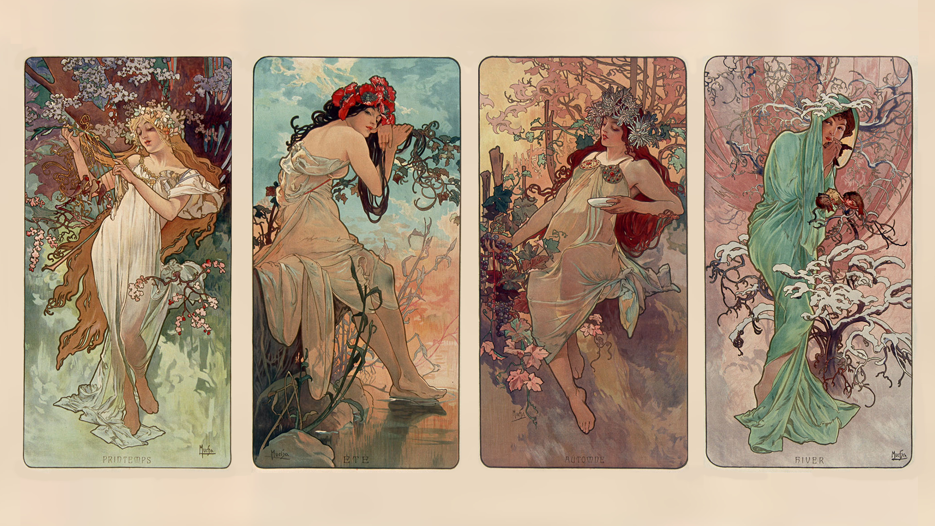 1920x1080 Alphonse Mucha Seasons [] | Mucha art, Alphonse mucha art, Alphonse mucha