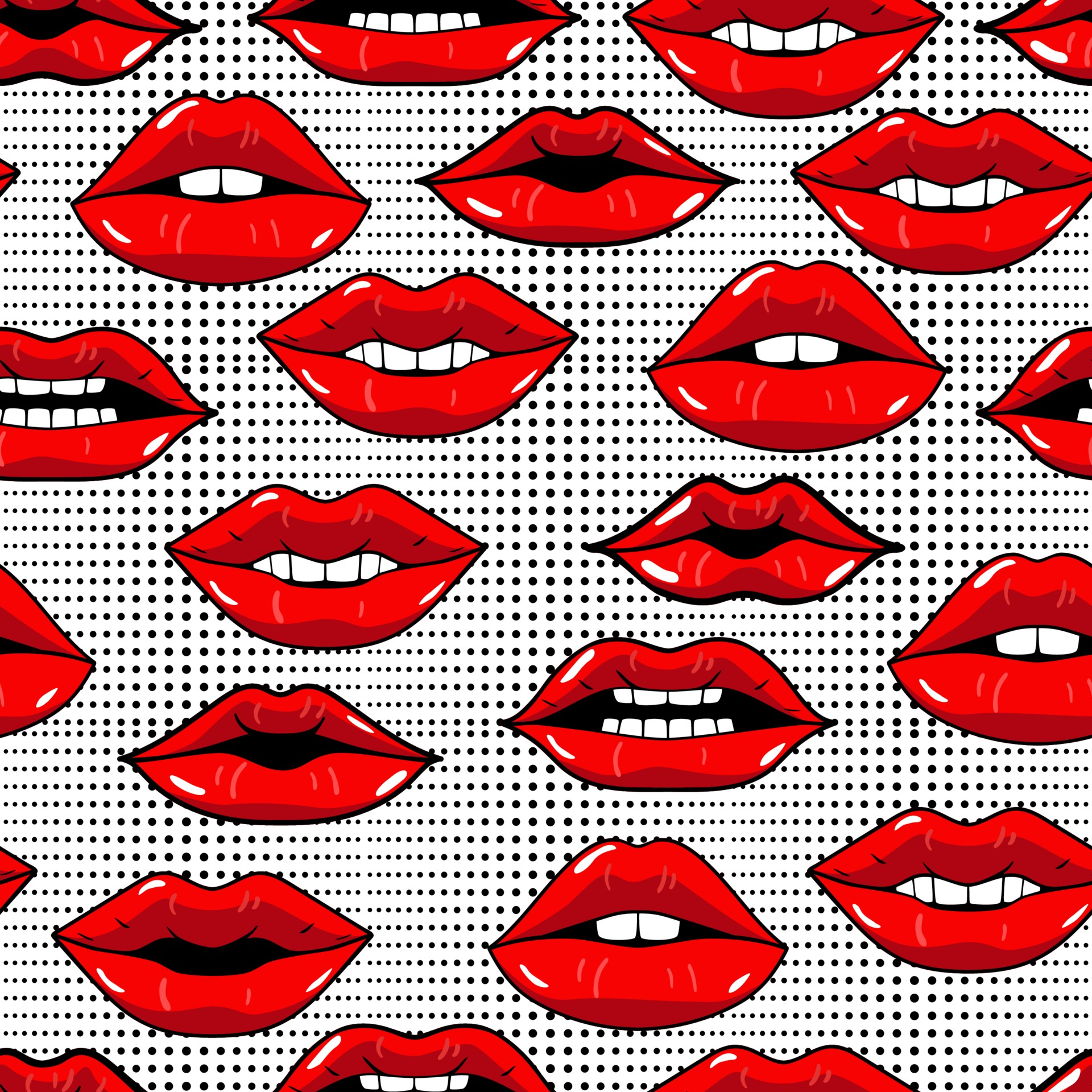 1920x1920 Seamless pattern with red lips in pop art style on abstract background with dots. Beauty repeated backdrop. Girlish wallpaper. Dots and kiss lips. Colorful cartoon style. 2353839 Vector Art