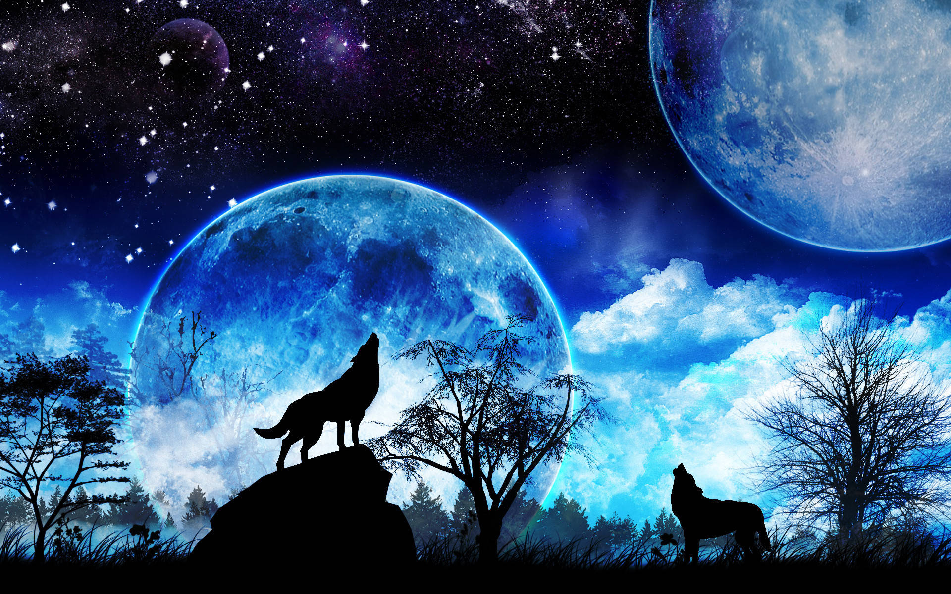 1920x1200 Download Howling Wolves And Galaxy Moon Wallpaper