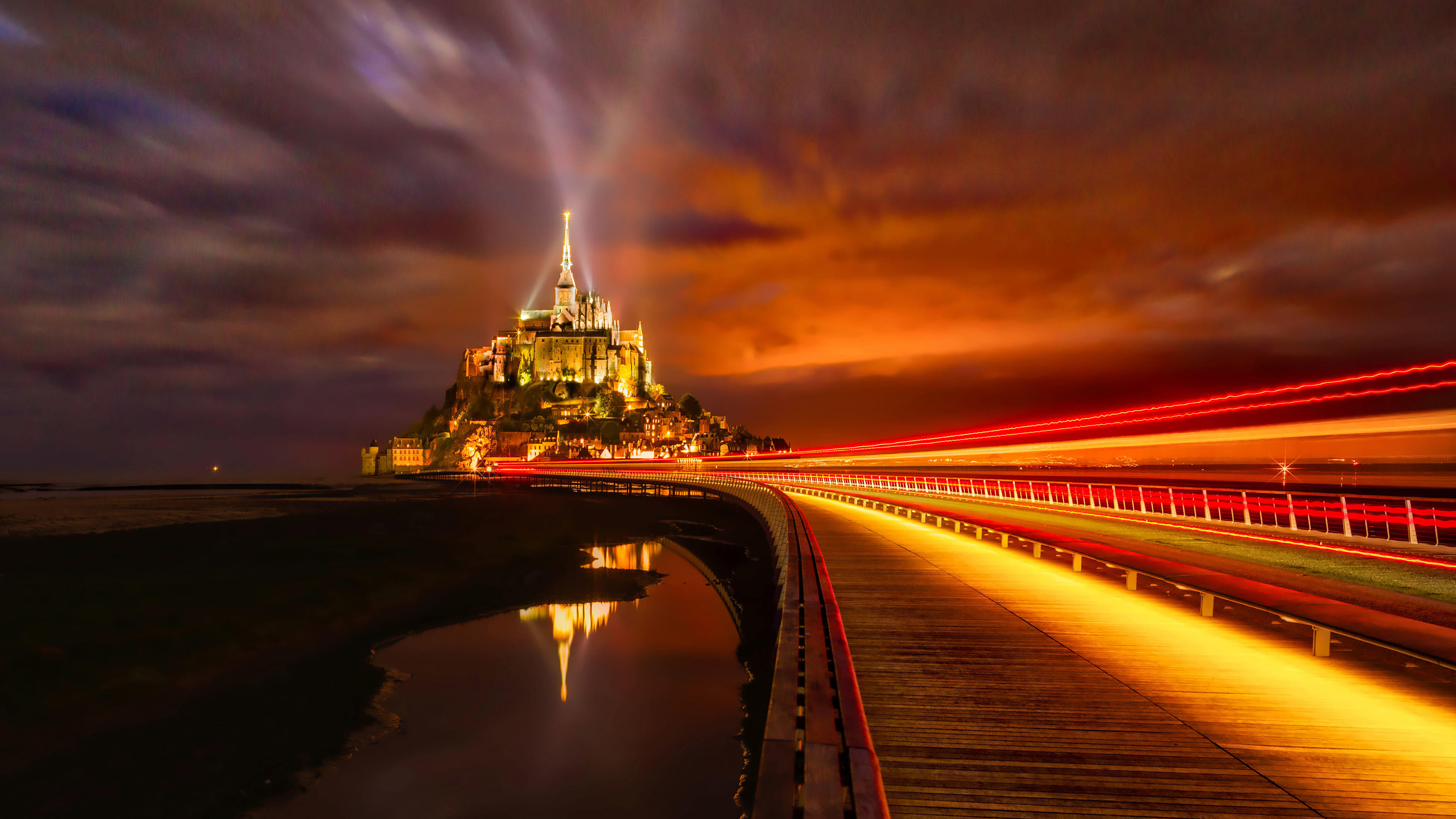 3840x2160 Mont Saint-Michel Island Night Lights Normandy France UHD 4K Wallpaper |