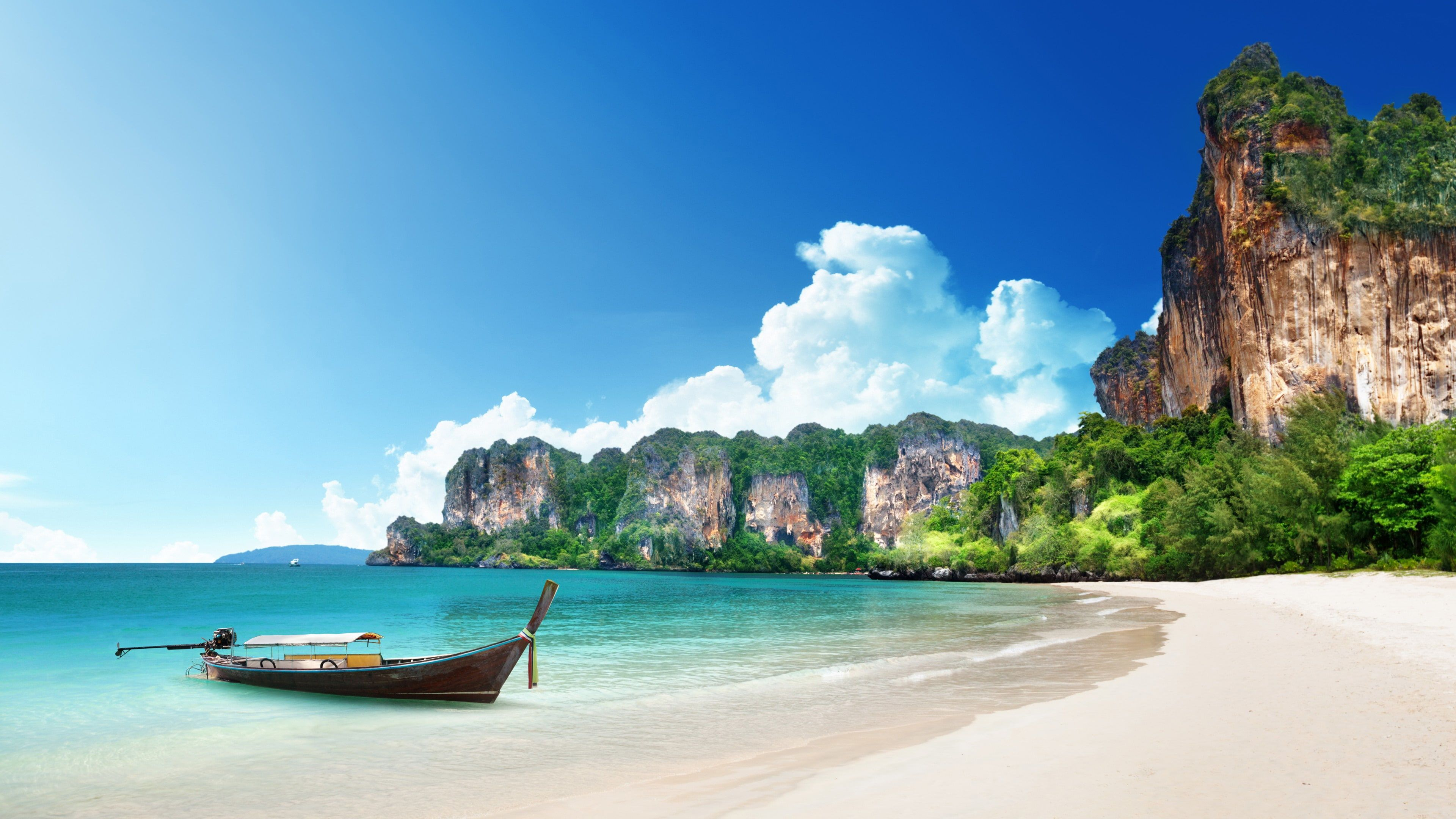 3840x2160 summer blue sky #boat #vacation #sky railay beach #coast #sea #krabi #tropics #shore #bay #beach #thailand #ocea&acirc;&#128;&brvbar; | Railay beach, Beach background, Beach wallpaper