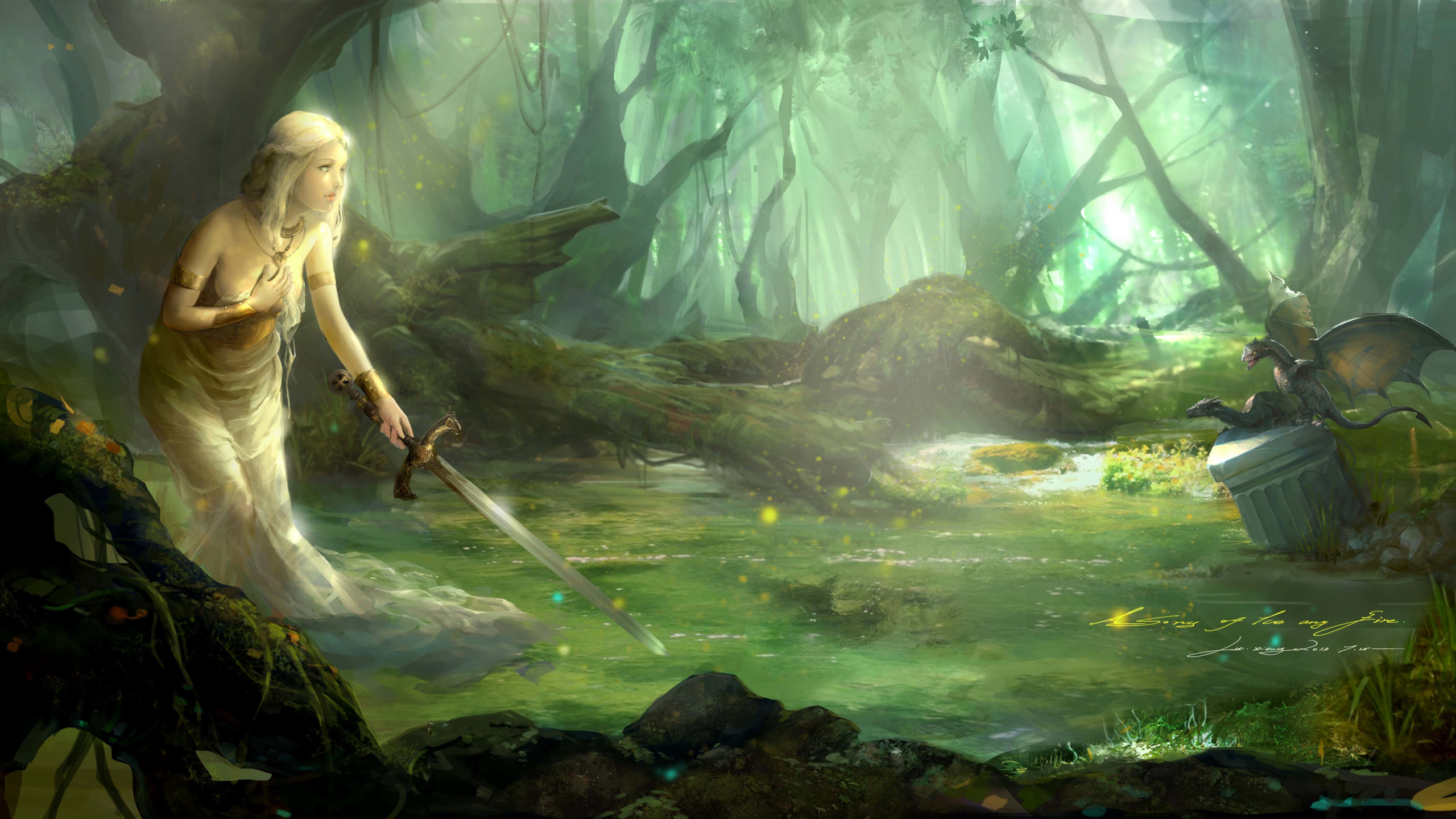 2560x1440 Download wallpaper forest, water, girl, dragons, sword, art, A Song of Ice and Fire, lu xiangxiang, section fantasy in resoluti