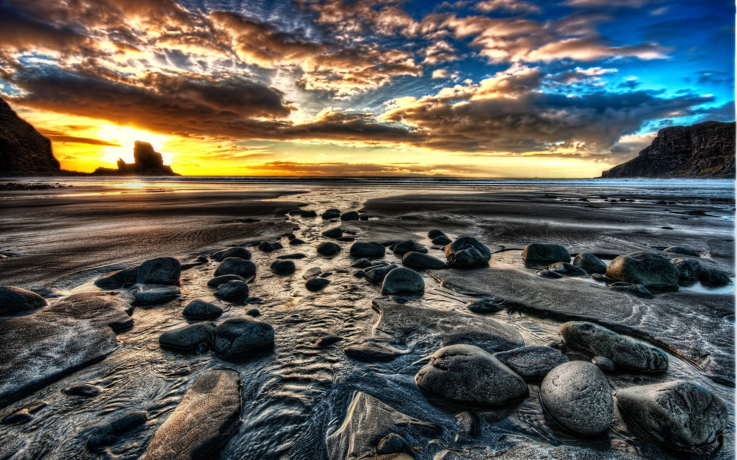 2560x1600 Beach sunset sunrise beach rock stone shore coast sky clouds color ocean sea wallpaper | | 721053