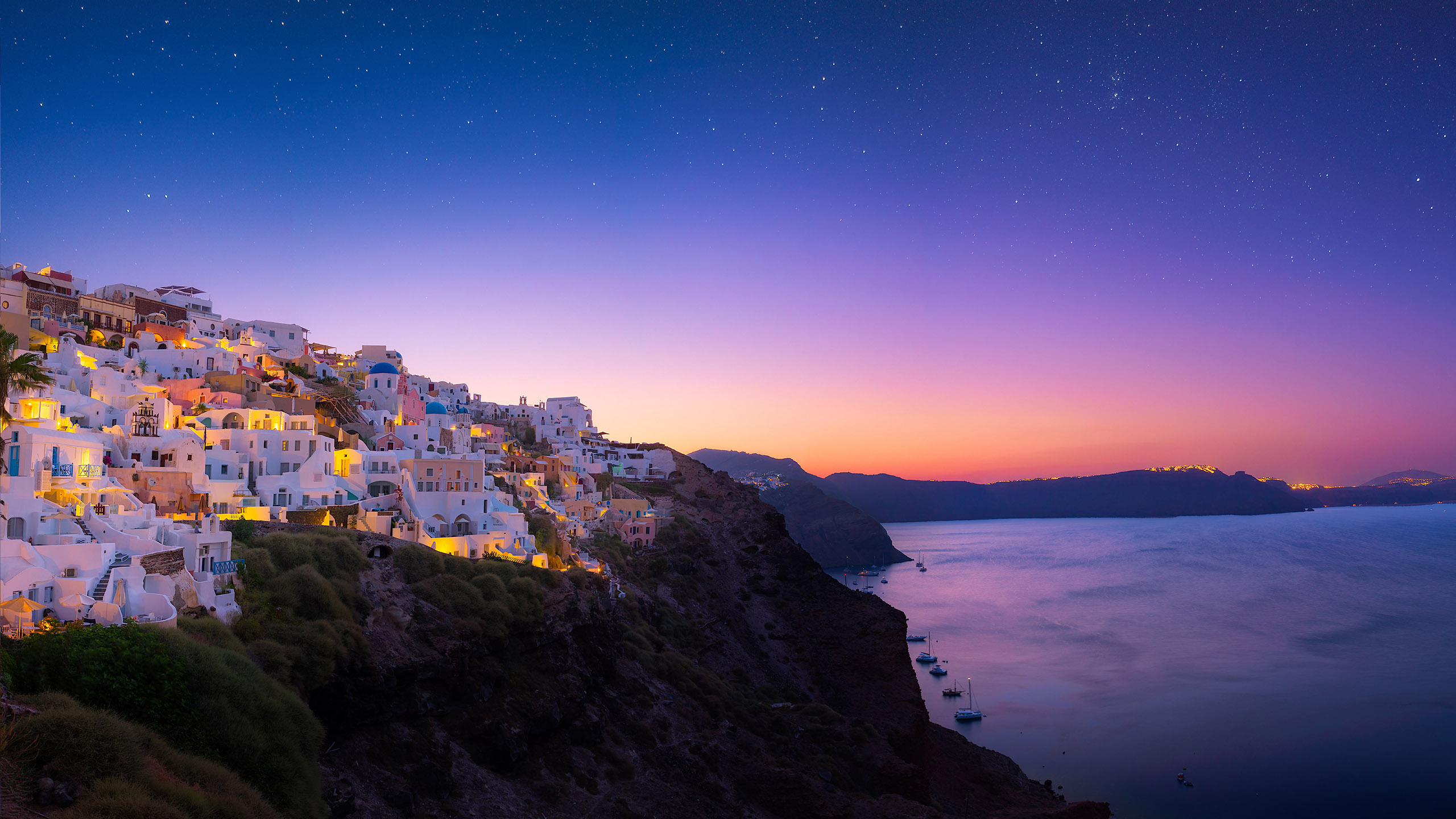 2560x1440 Santorini Ocean Sea Greece House Town Sunset Twilight Wallpaper Resolution: ID:331247