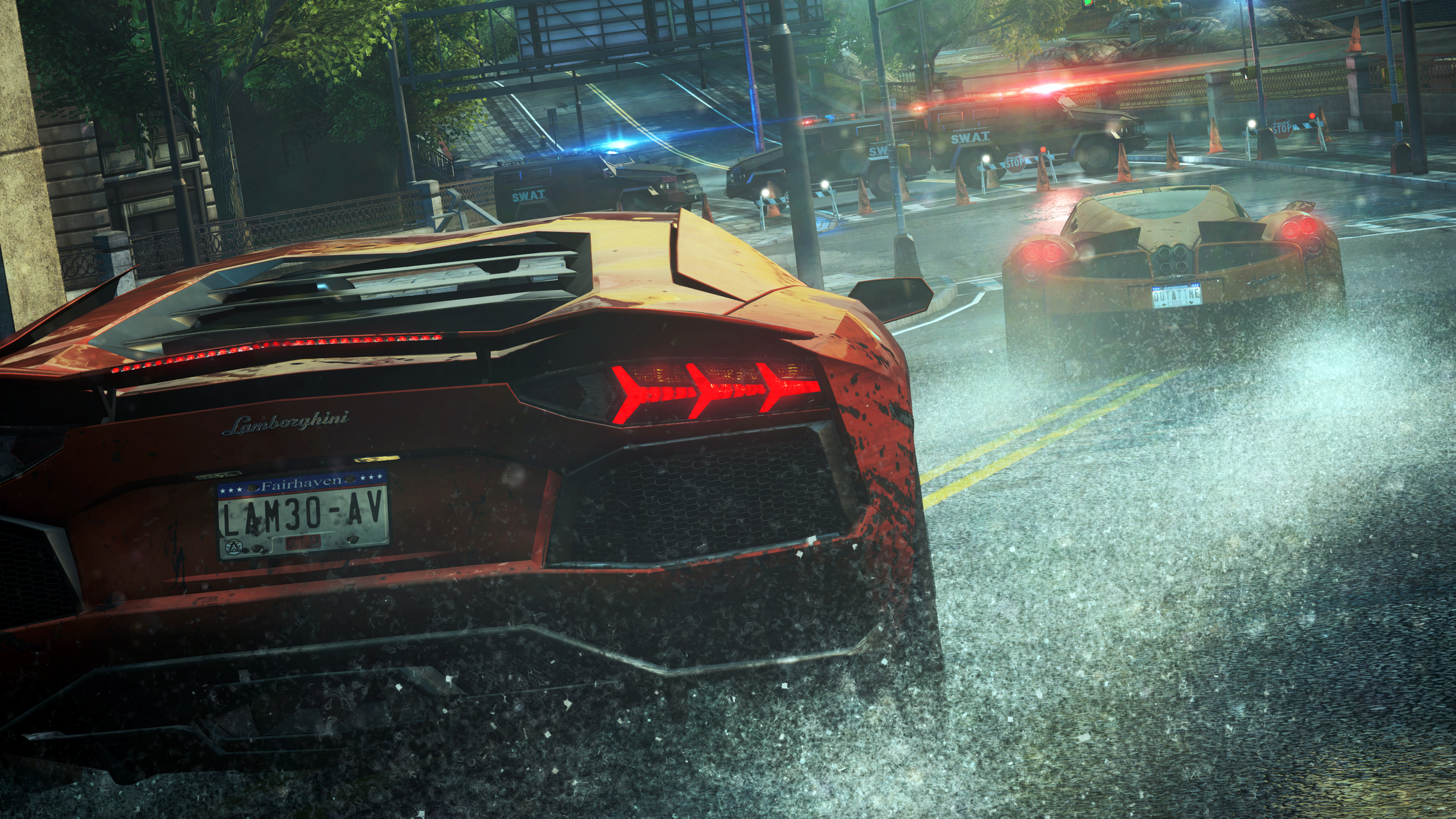 2560x1440 Download wallpaper rain, race, police, Lamborghini, cars, Need For Speed Most Wanted, cars, section games in resoluti