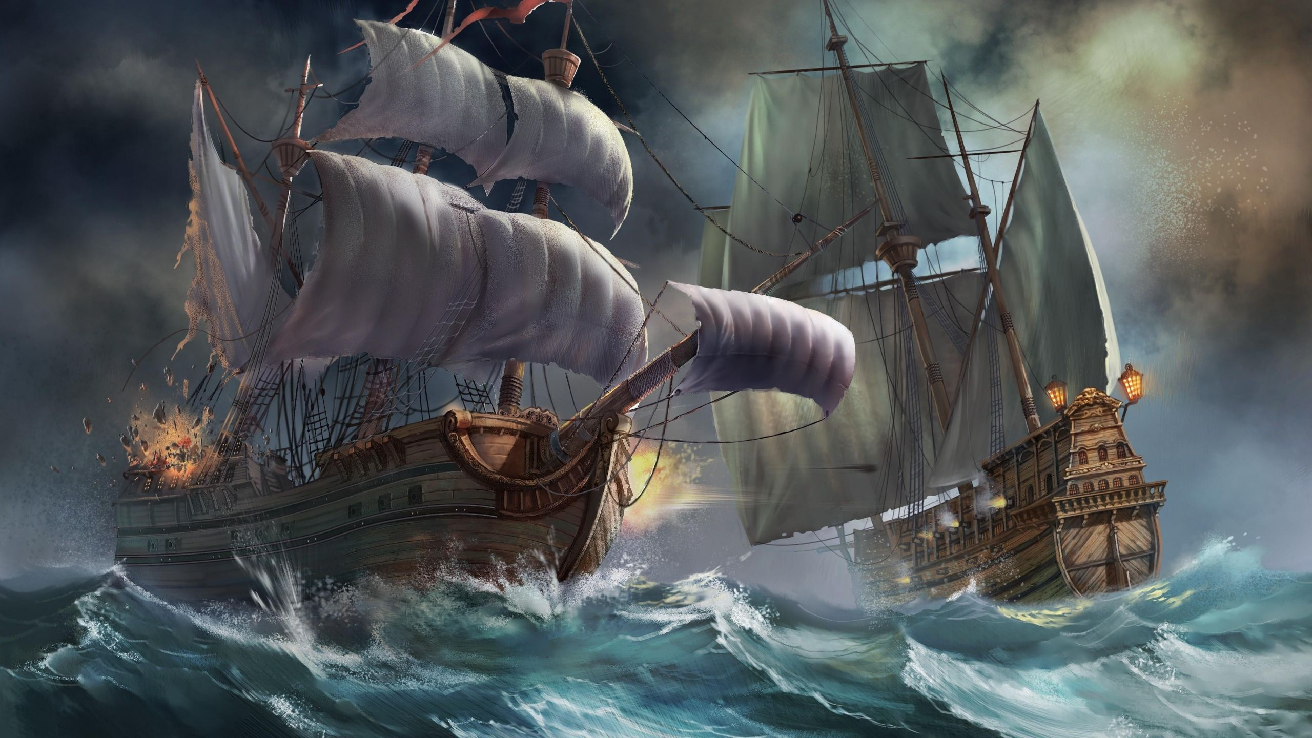2560x1440 Download Wallpaper Ships, Sea, Storm, Explosion Mac iMac 27 HD Background | Sailing ships, Sailing, Boat
