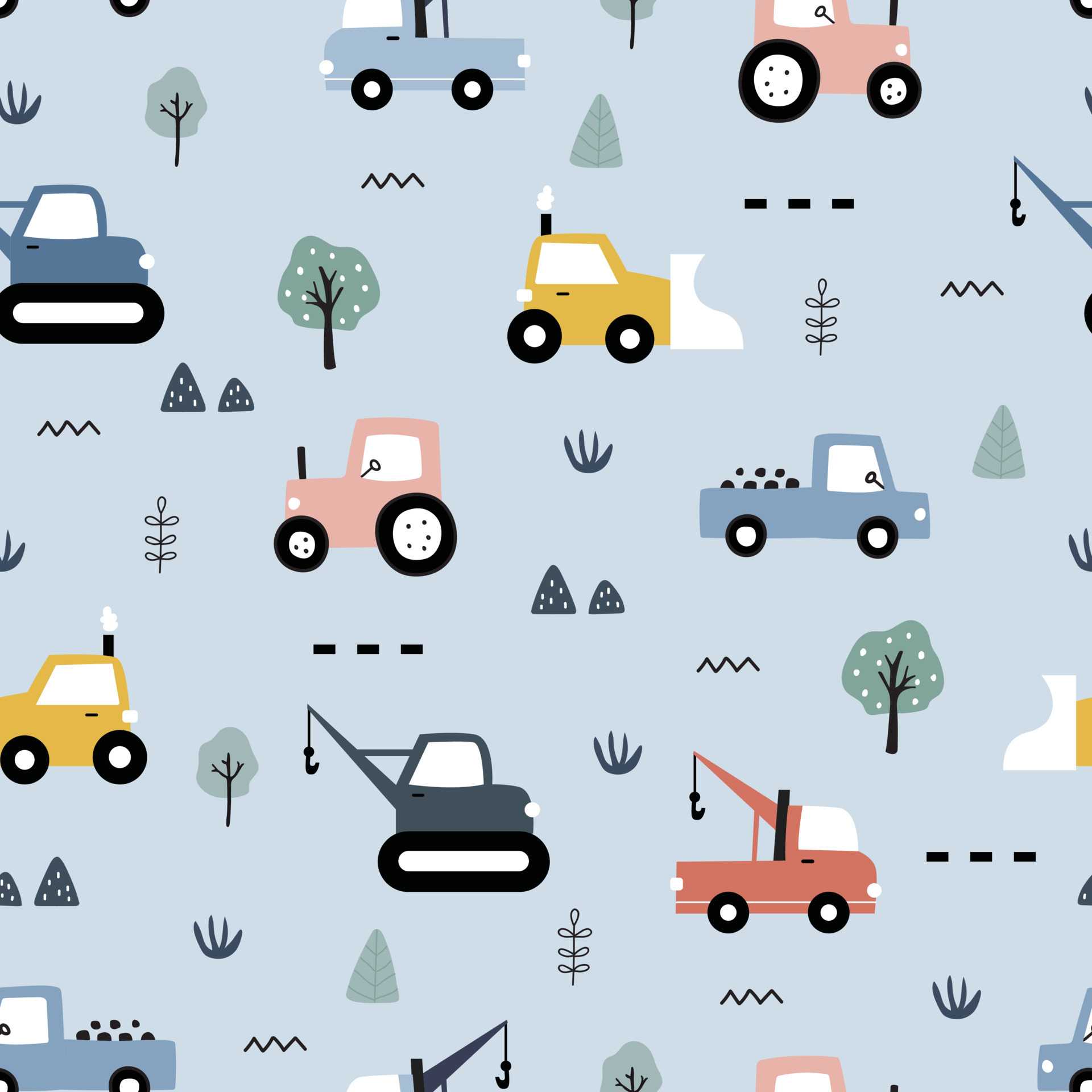 1920x1920 Hand-drawn construction vehicles seamless pattern vector have a tractor with the tree on gray background Cute design, cartoon style, used for printing, wallpaper, fabric, fashion textile. 4990203 Vector Art