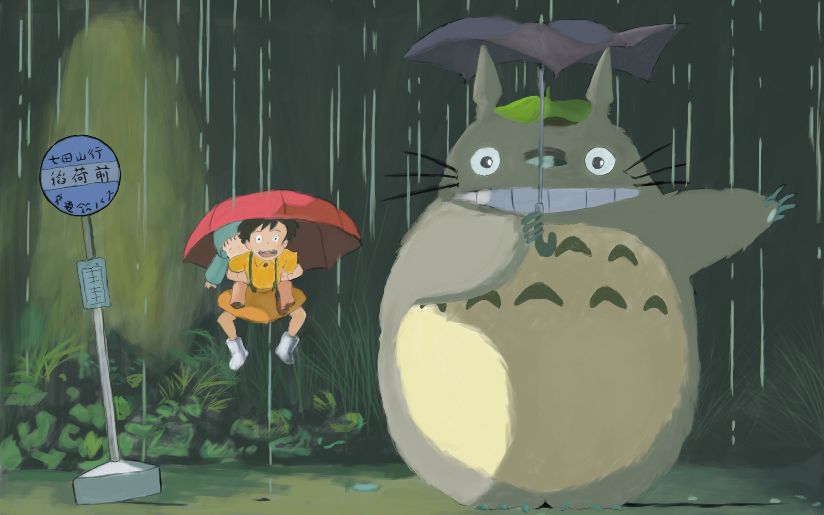 2880x1800 Download wallpaper rain, umbrella, Totoro, Hayao Miyazaki, section kodomo in resoluti