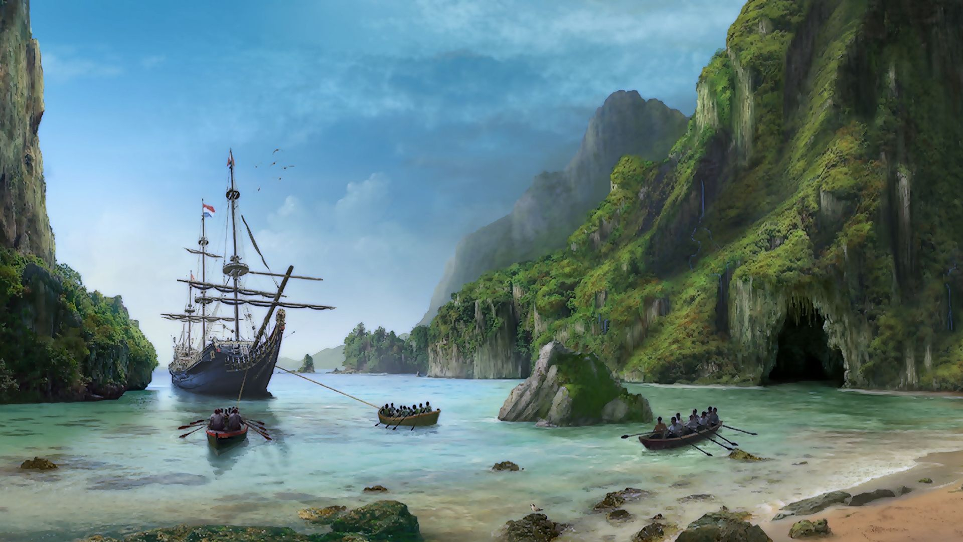 1920x1080 Pirate island, Ship paintings, Fantasy landscape