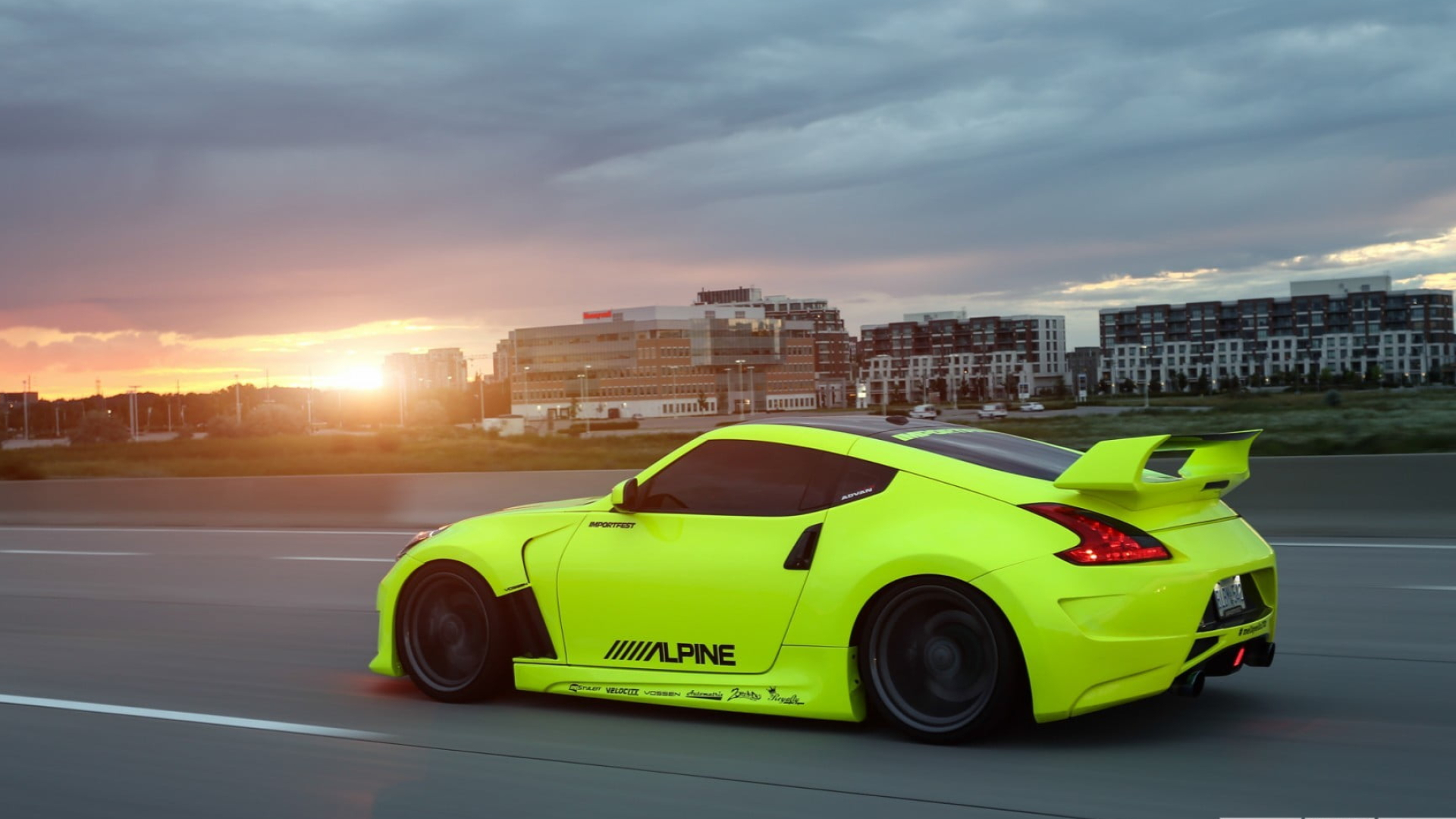1920x1080 Green Nissan 370z on road during golden hour HD wallpaper