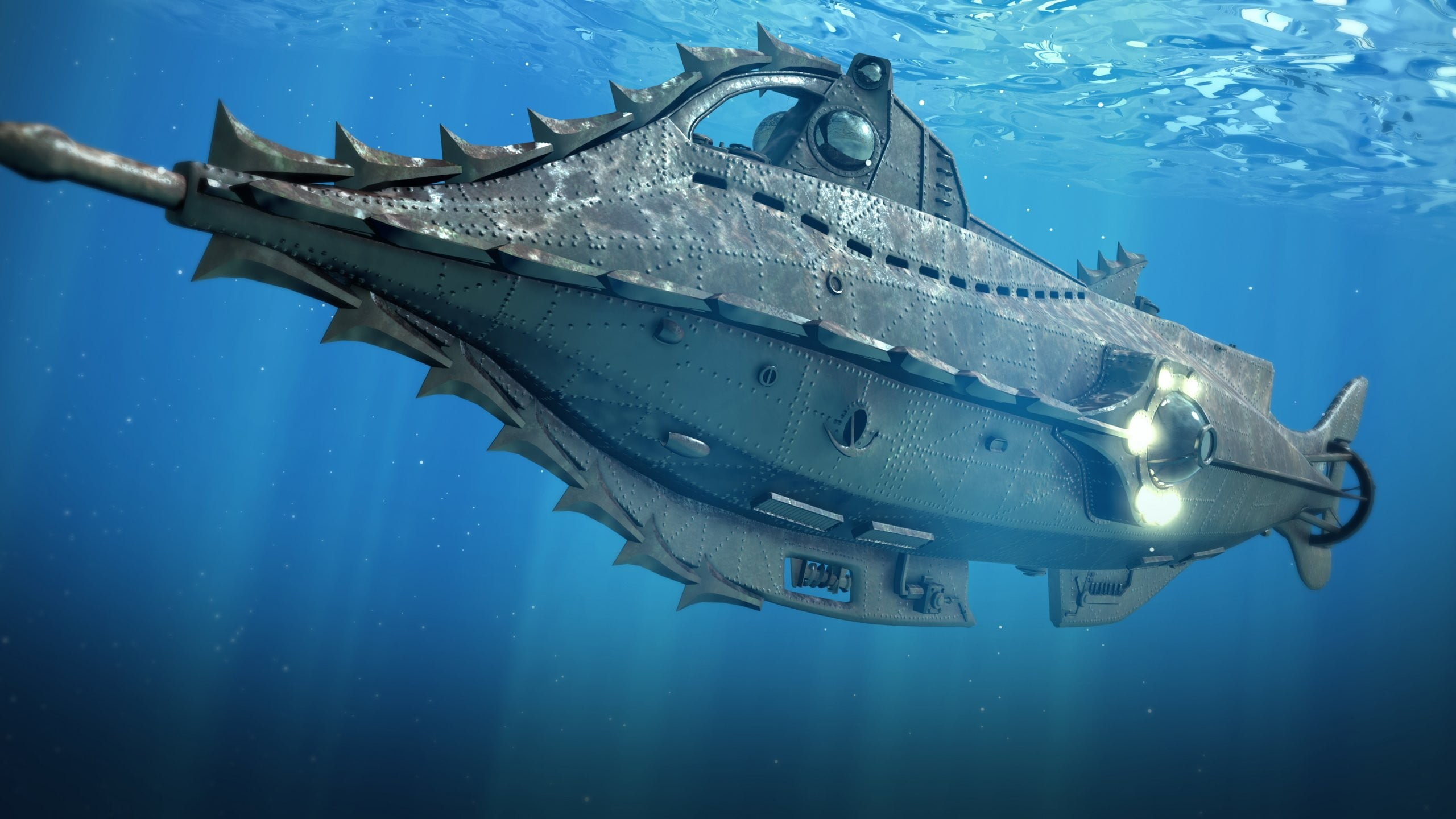 2560x1440 Gray submarine, digital art, fantasy art, underwater, submarine HD wallpaper