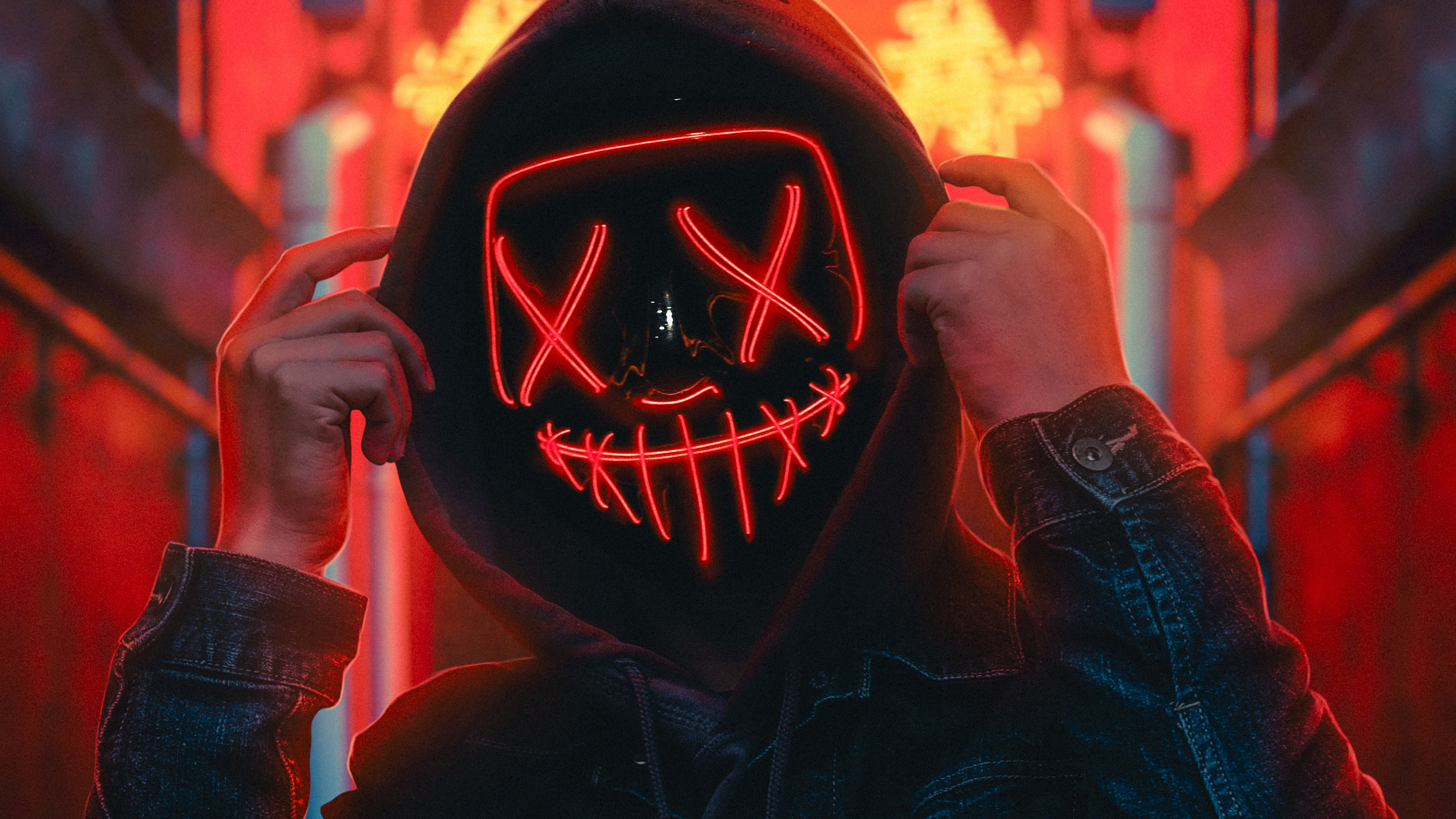 3274x1842 Hoodie Guy Red Neon Light 4k, HD Artist, 4k Wallpapers, Images, Backgrounds, Photos and Pictures