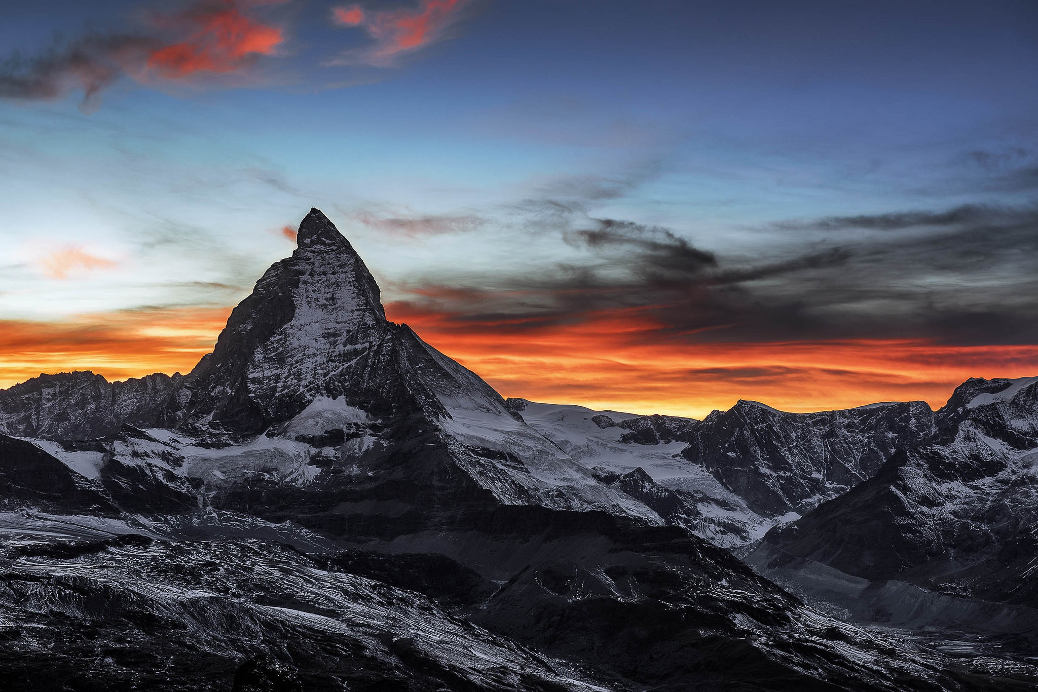 2048x1366 Wallpaper : dark, mountains, sky, nature, Switzerland, Matterhorn, sunset WallpaperManiac 1233257 HD Wallpapers